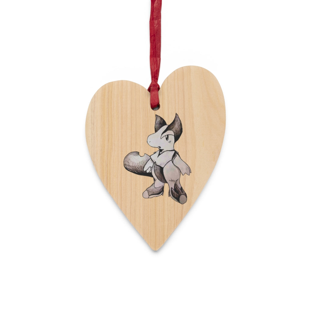 Tomas Wooden Christmas Ornaments in various whimsical shapes, featuring a rustic wooden design and red hanging ribbons.