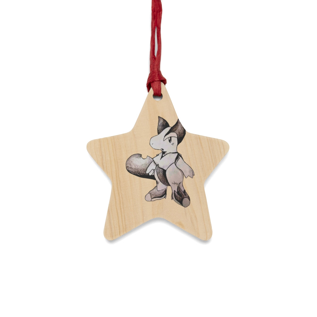 Tomas Wooden Christmas Ornaments in various whimsical shapes, featuring a rustic wooden design and red hanging ribbons.