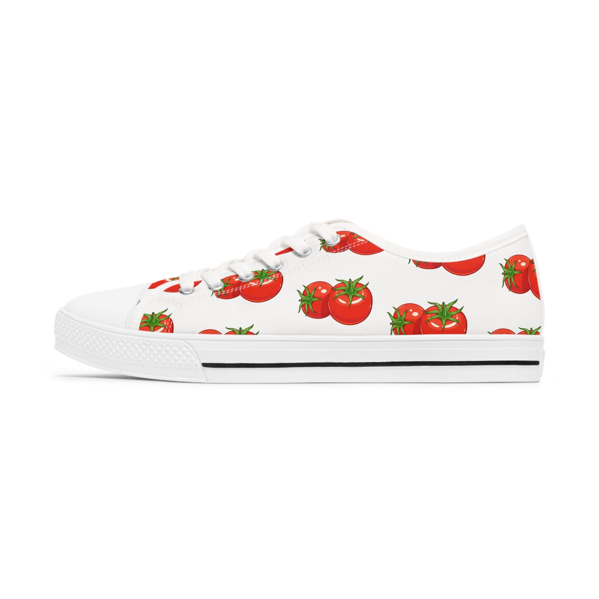 A pair of Tomato Women's Low Top Sneakers in black and white, featuring breathable canvas, memory foam insoles, and customizable designs.