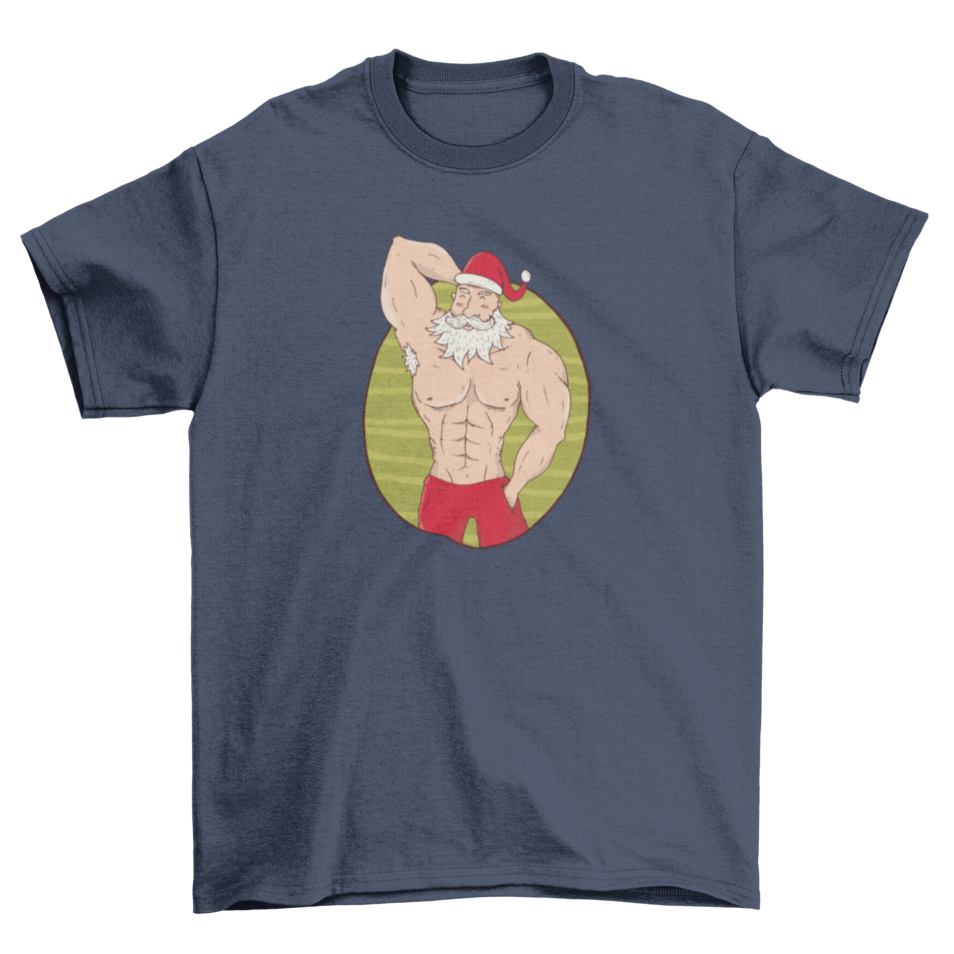 A festive t-shirt featuring a topless muscular Santa showcasing his muscles, perfect for holiday celebrations.