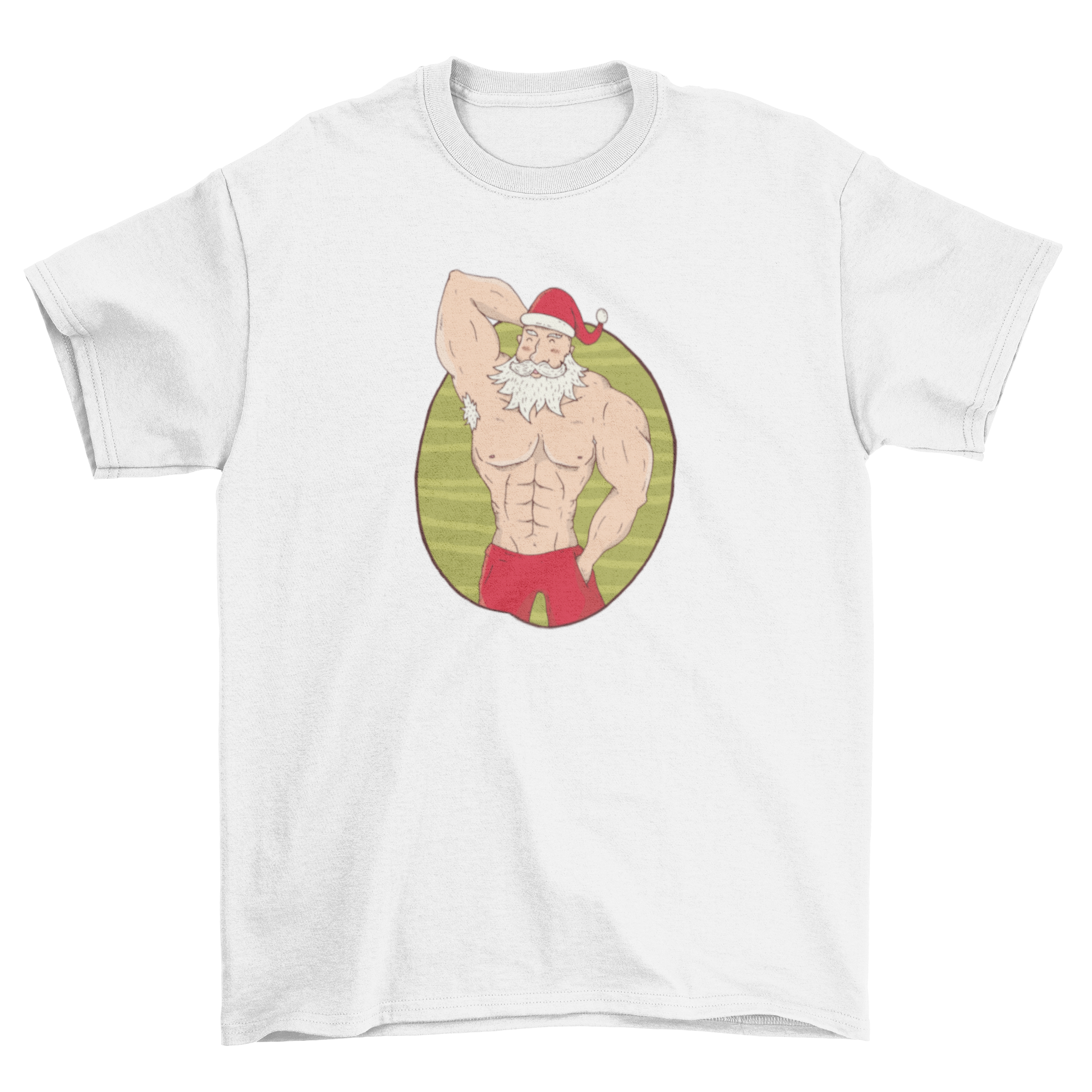 A festive t-shirt featuring a topless muscular Santa showcasing his muscles, perfect for holiday celebrations.