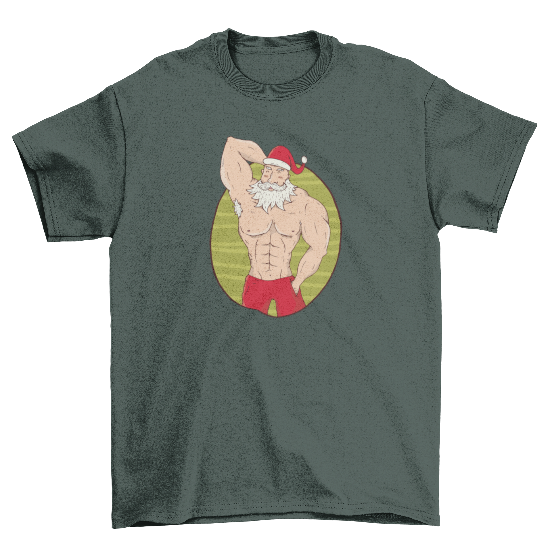 A festive t-shirt featuring a topless muscular Santa showcasing his muscles, perfect for holiday celebrations.