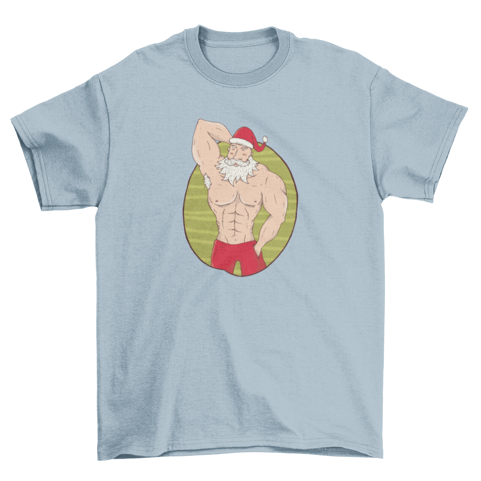 A festive t-shirt featuring a topless muscular Santa showcasing his muscles, perfect for holiday celebrations.