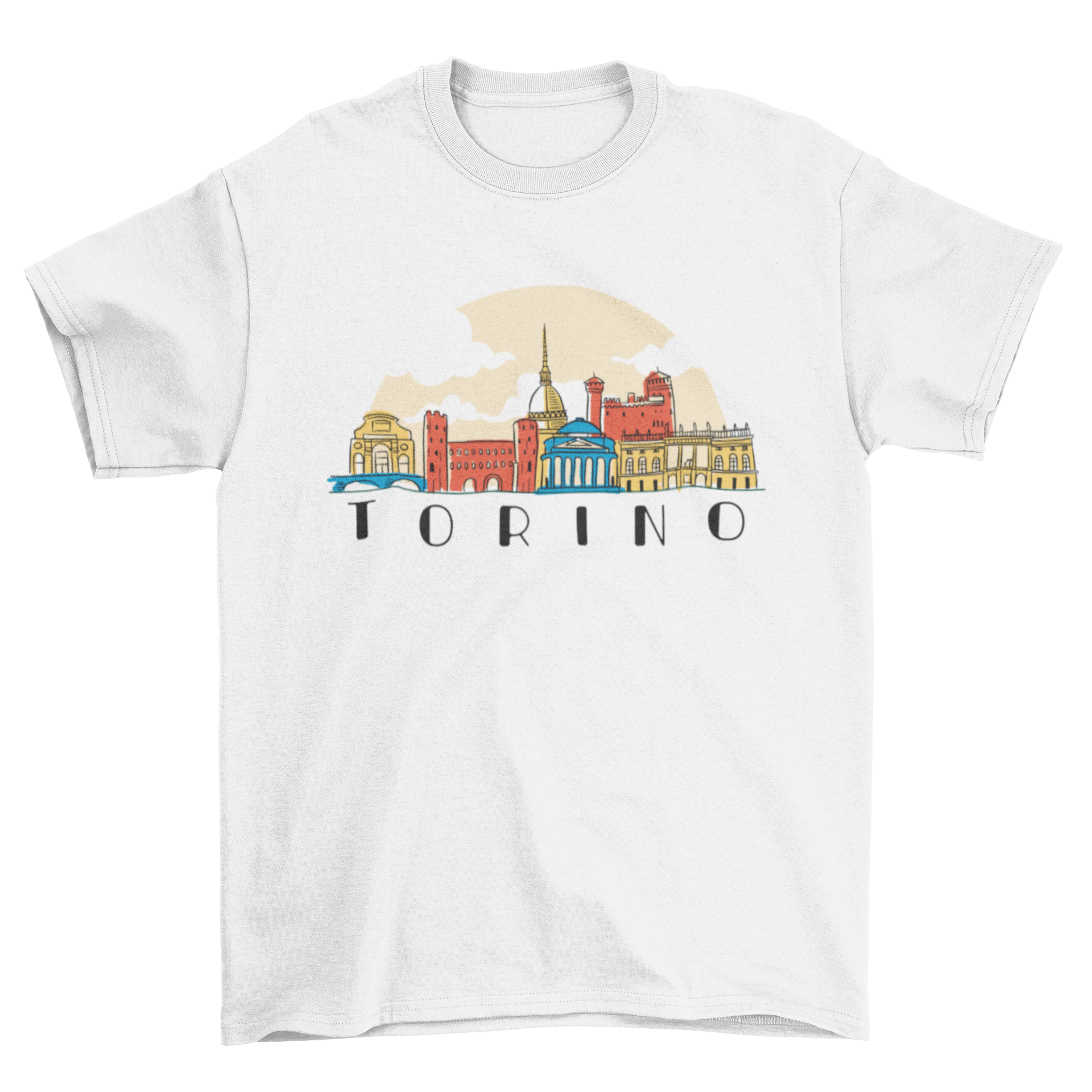 Torino skyline t-shirt featuring a doodle style design of the city skyline in vibrant colors.