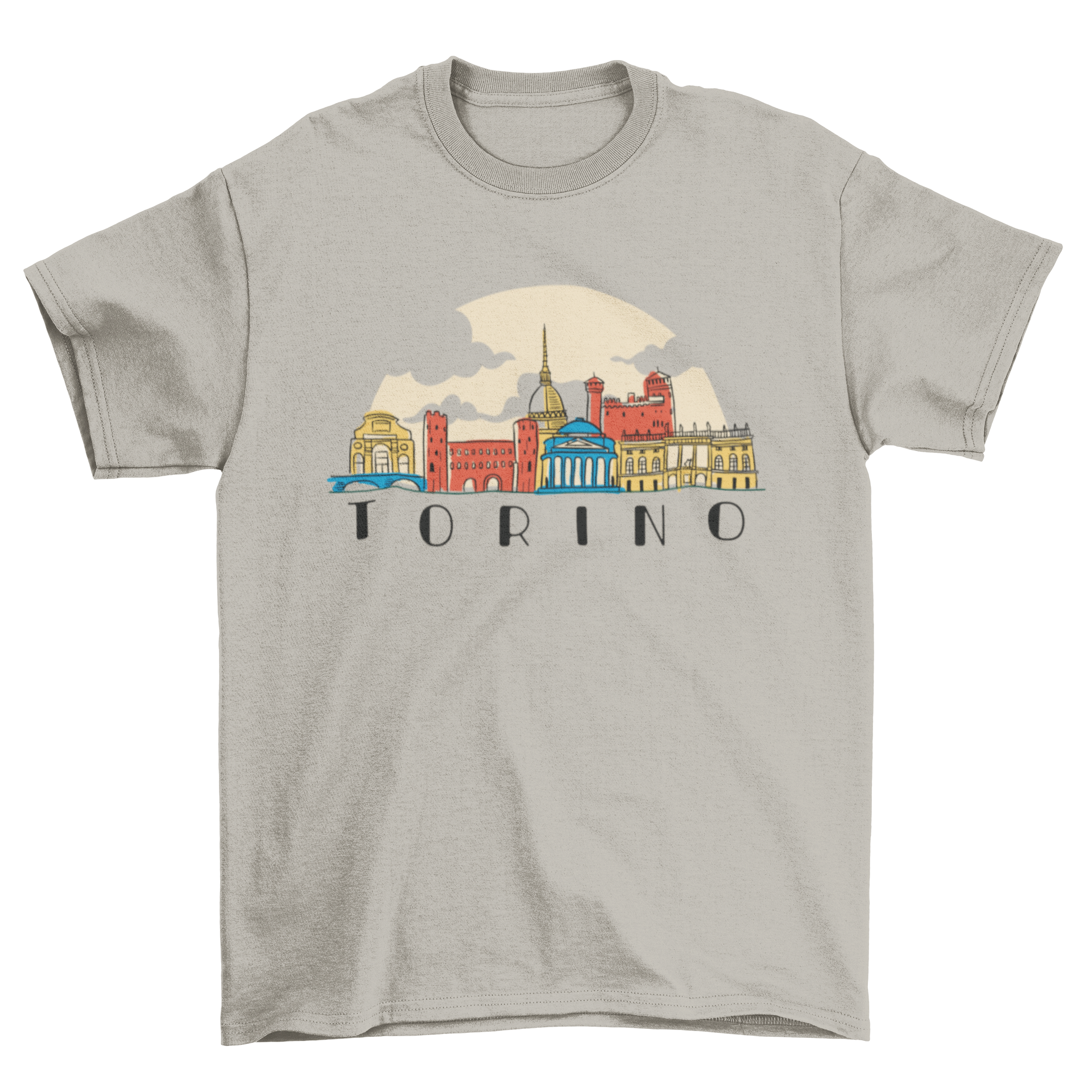 Torino skyline t-shirt featuring a doodle style design of the city skyline in vibrant colors.