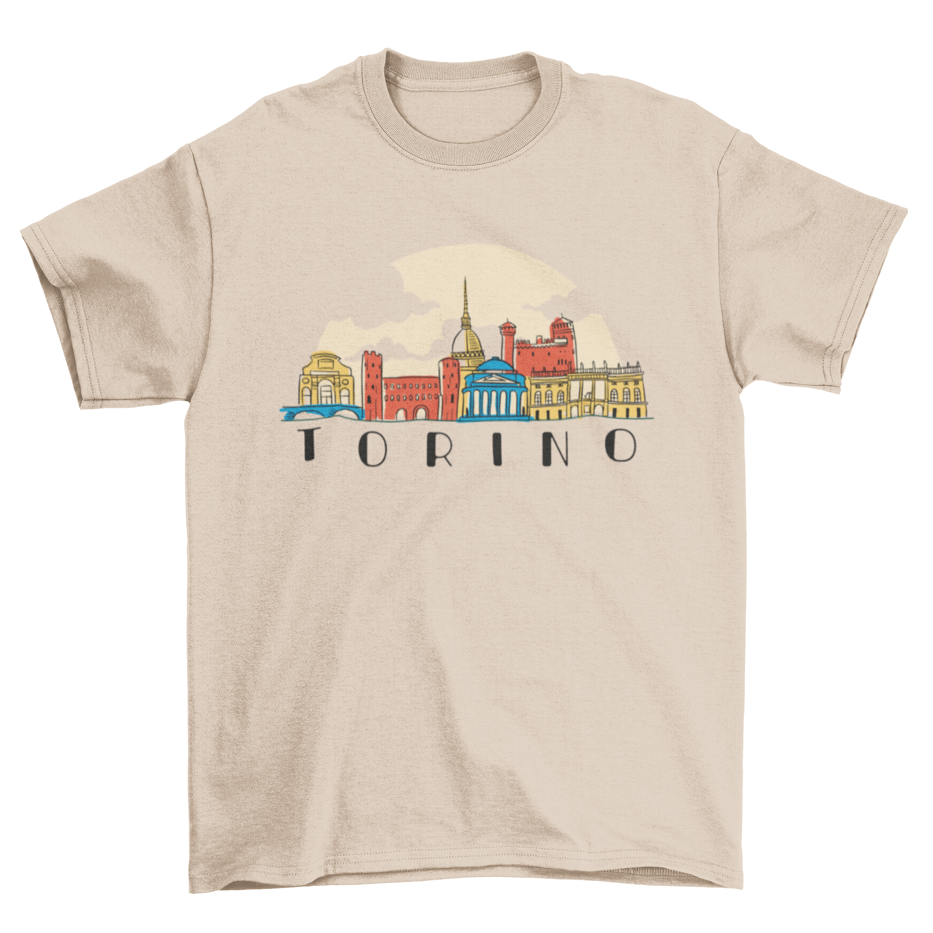 Torino skyline t-shirt featuring a doodle style design of the city skyline in vibrant colors.