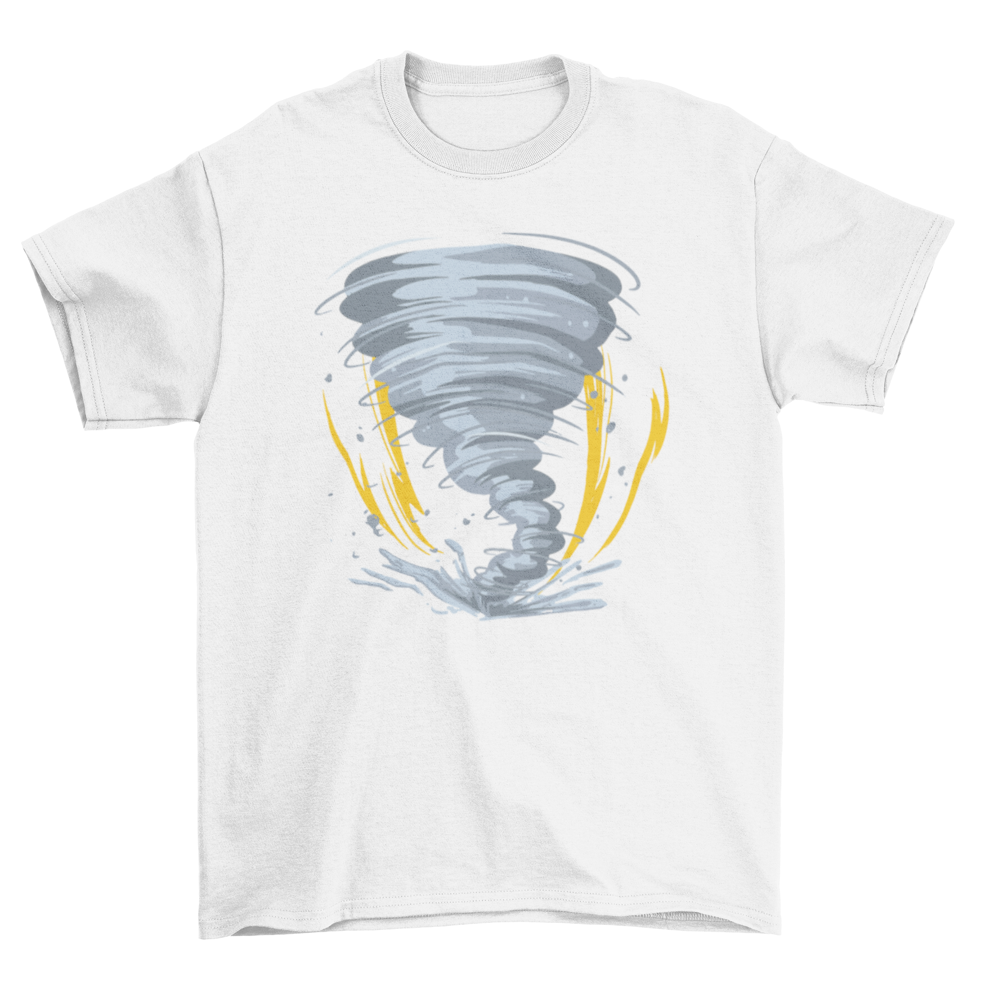 A stylish Tornado T-shirt featuring a tornado graphic surrounded by lightning bolts, showcasing a bold and dynamic design.