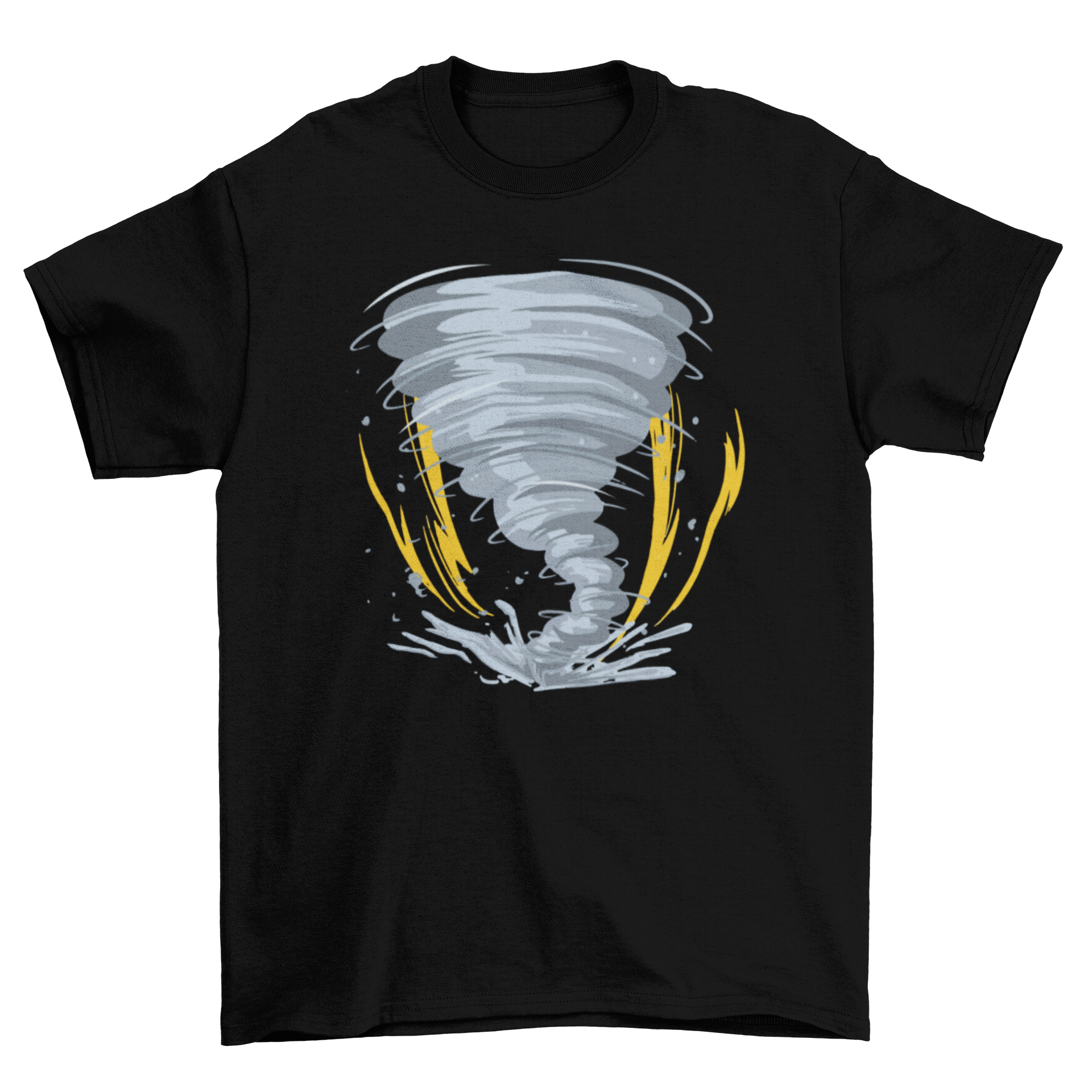 A stylish Tornado T-shirt featuring a tornado graphic surrounded by lightning bolts, showcasing a bold and dynamic design.