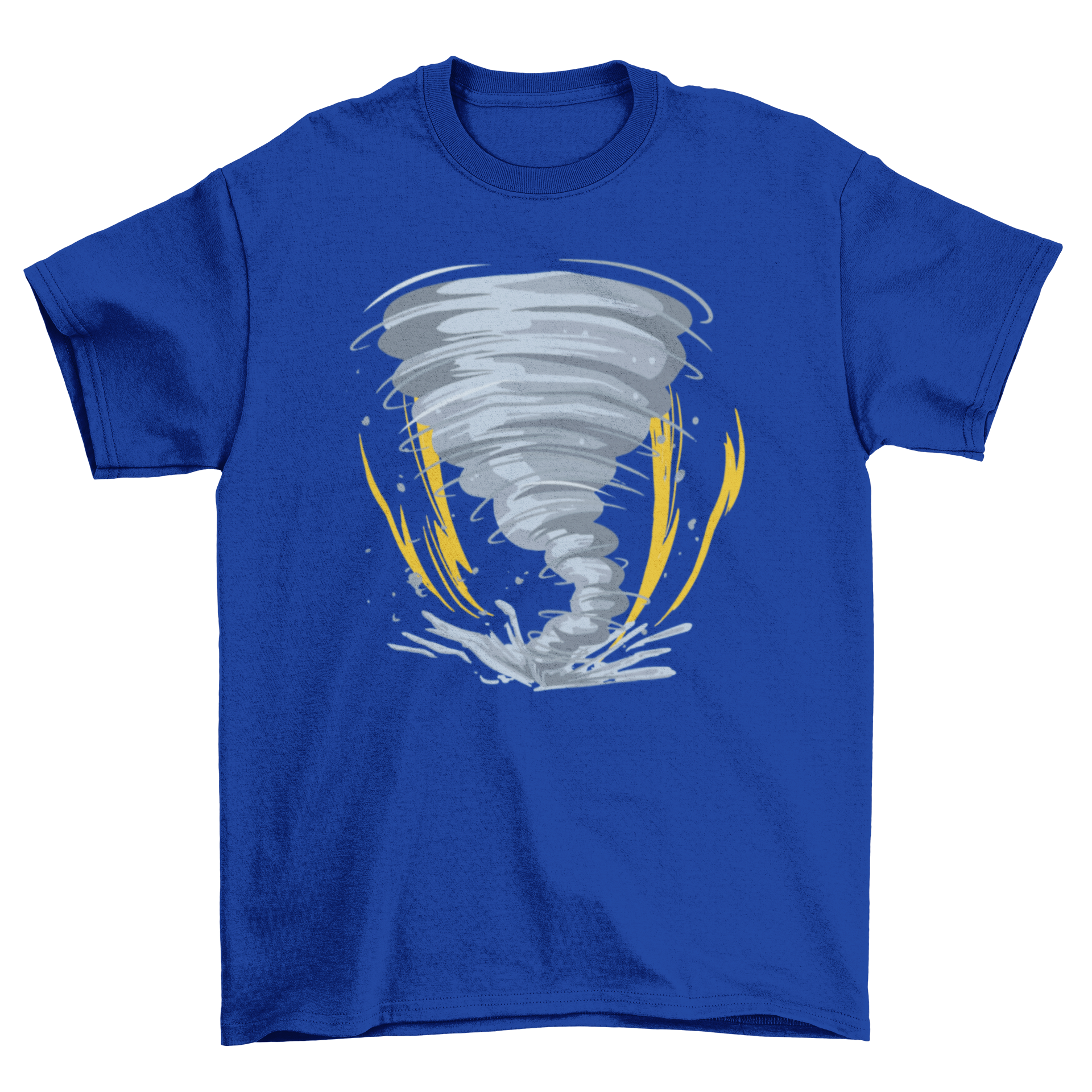 A stylish Tornado T-shirt featuring a tornado graphic surrounded by lightning bolts, showcasing a bold and dynamic design.