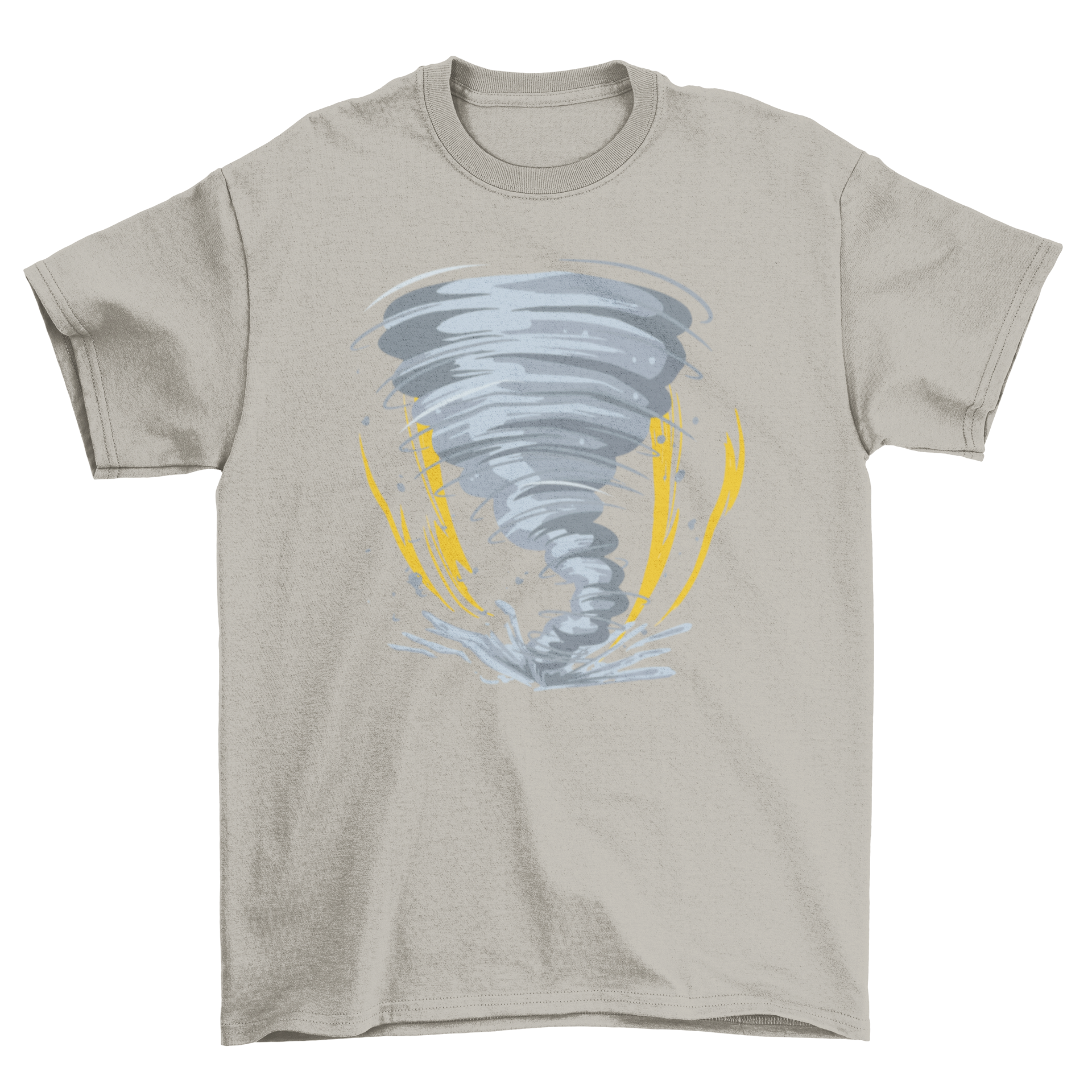 A stylish Tornado T-shirt featuring a tornado graphic surrounded by lightning bolts, showcasing a bold and dynamic design.