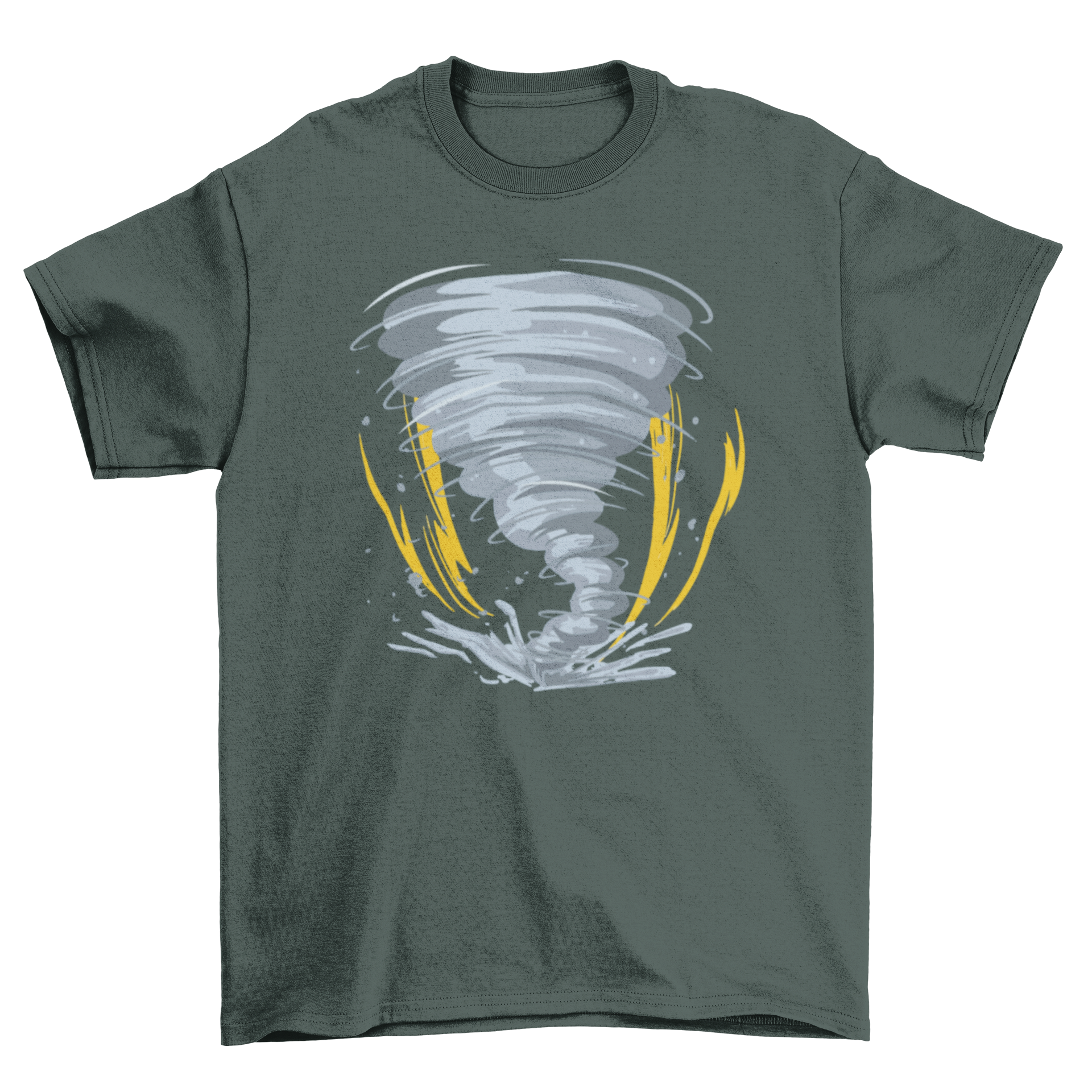 A stylish Tornado T-shirt featuring a tornado graphic surrounded by lightning bolts, showcasing a bold and dynamic design.