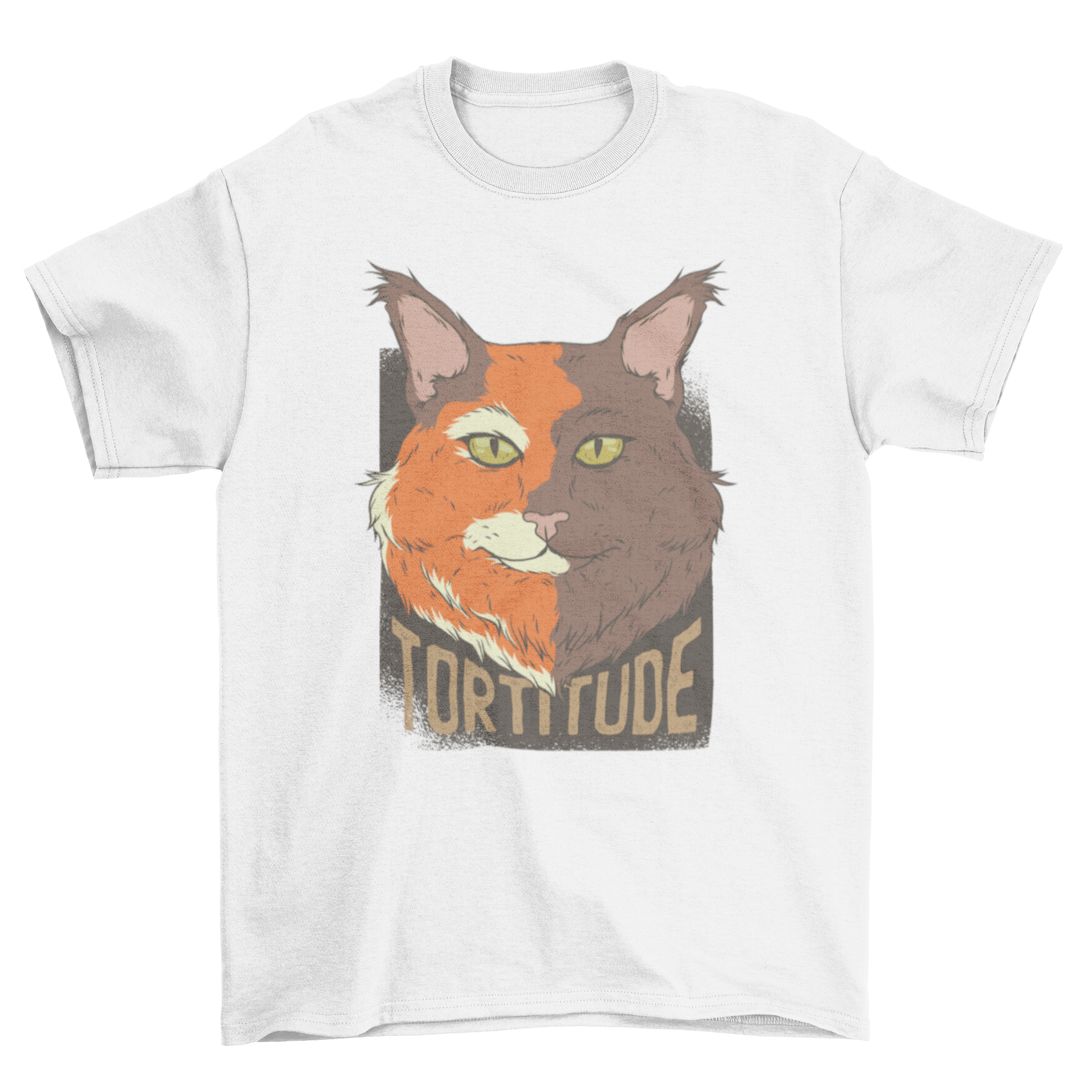 A stylish Tortoise Cat T-Shirt featuring a two-toned design with an orange and brown tortoise cat illustration.