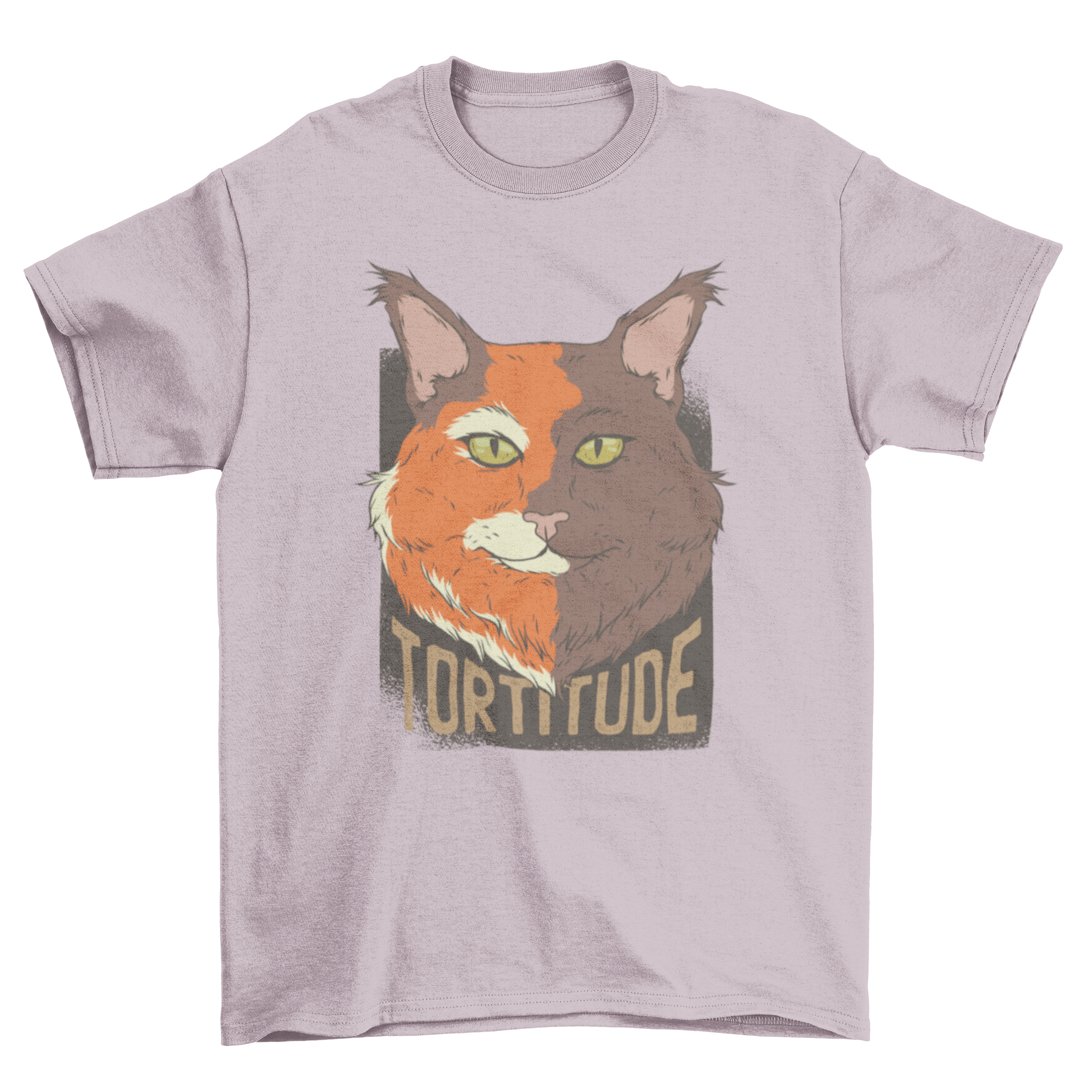 A stylish Tortoise Cat T-Shirt featuring a two-toned design with an orange and brown tortoise cat illustration.