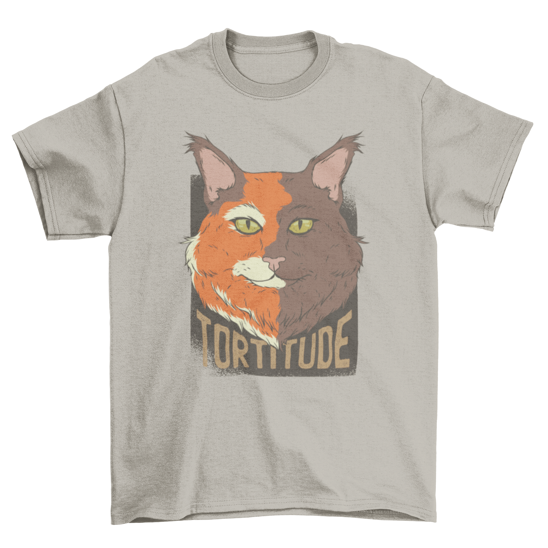 A stylish Tortoise Cat T-Shirt featuring a two-toned design with an orange and brown tortoise cat illustration.