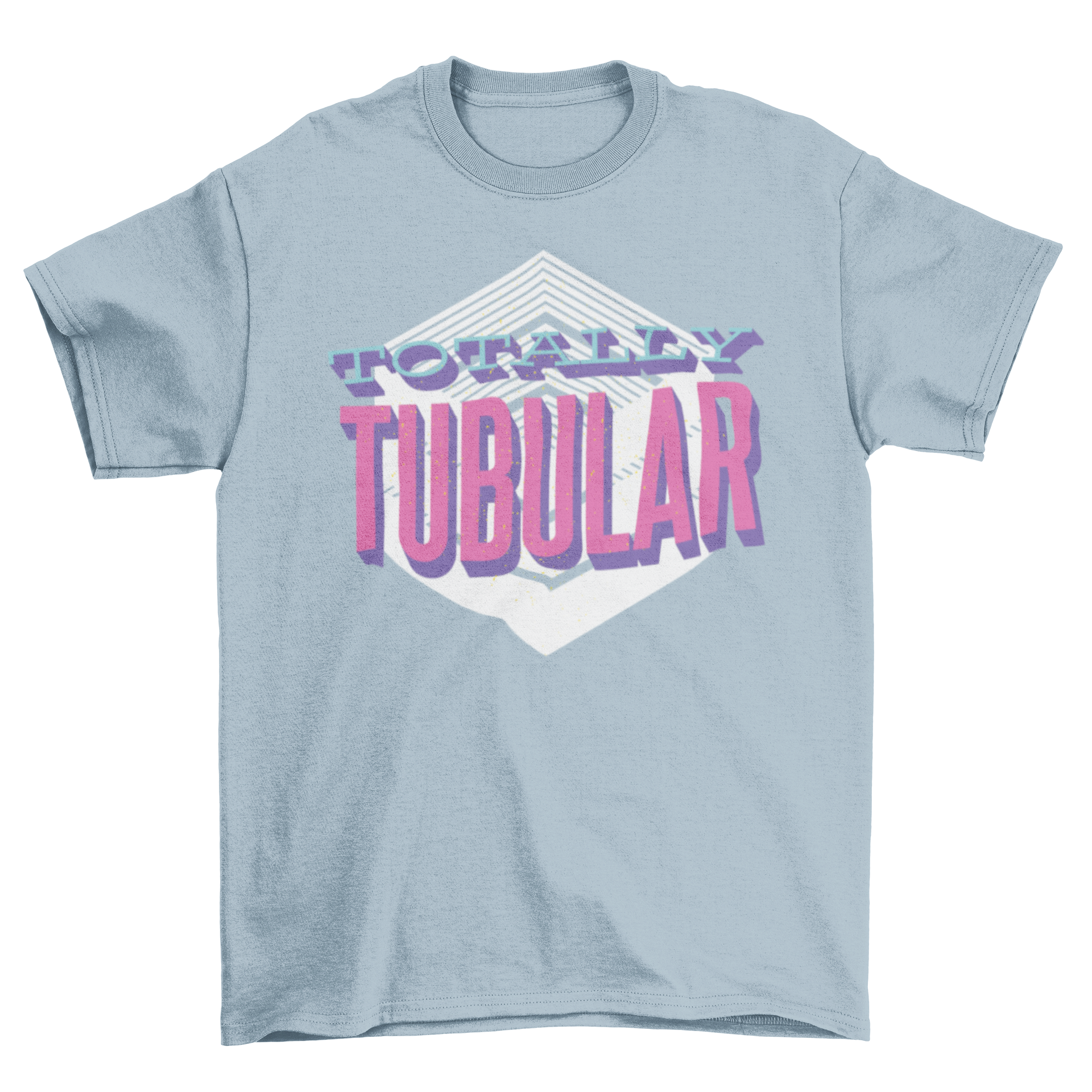 A vibrant retro t-shirt featuring the phrase 'Totally Tubular' in pink and blue lettering, showcasing a fun and nostalgic design.