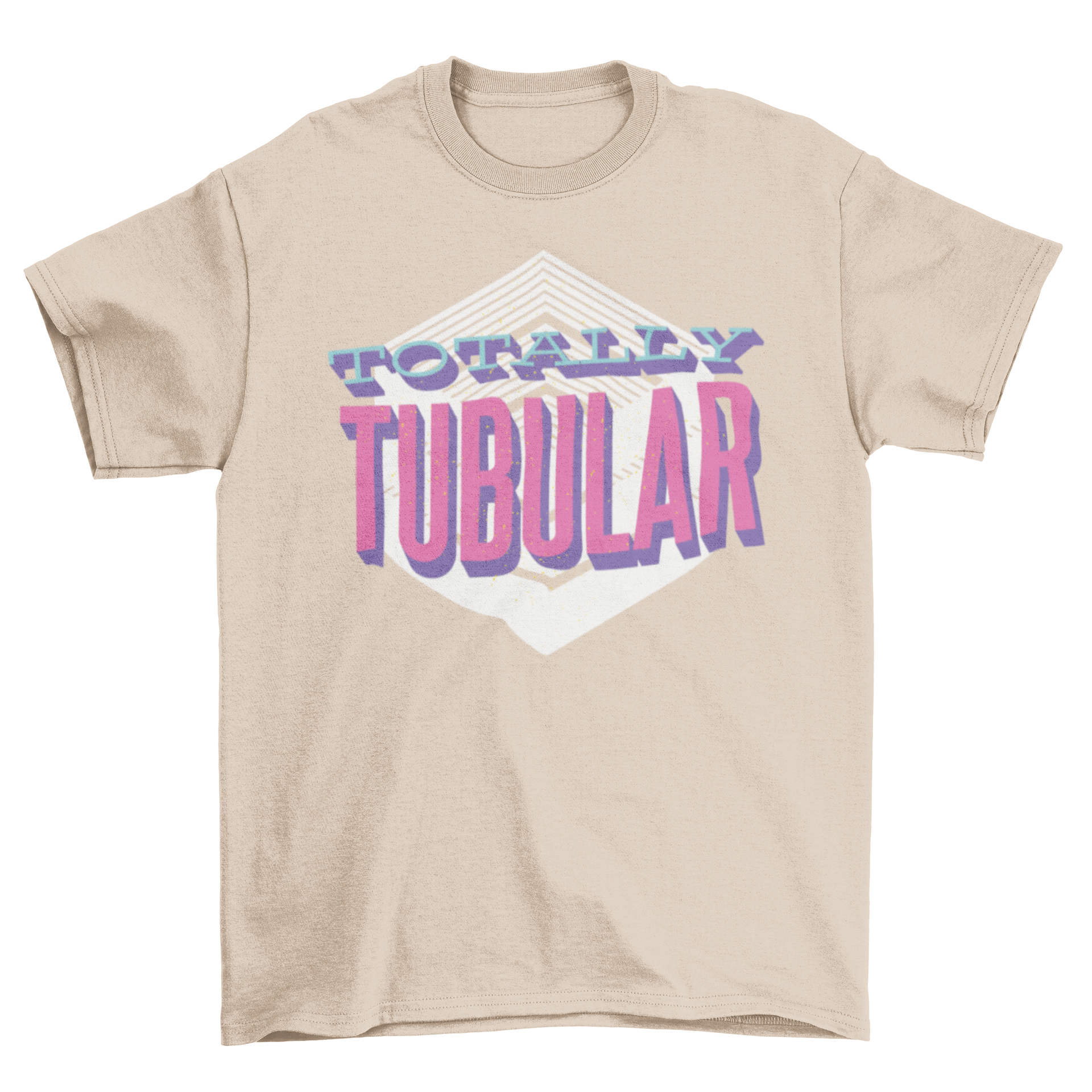 A vibrant retro t-shirt featuring the phrase 'Totally Tubular' in pink and blue lettering, showcasing a fun and nostalgic design.