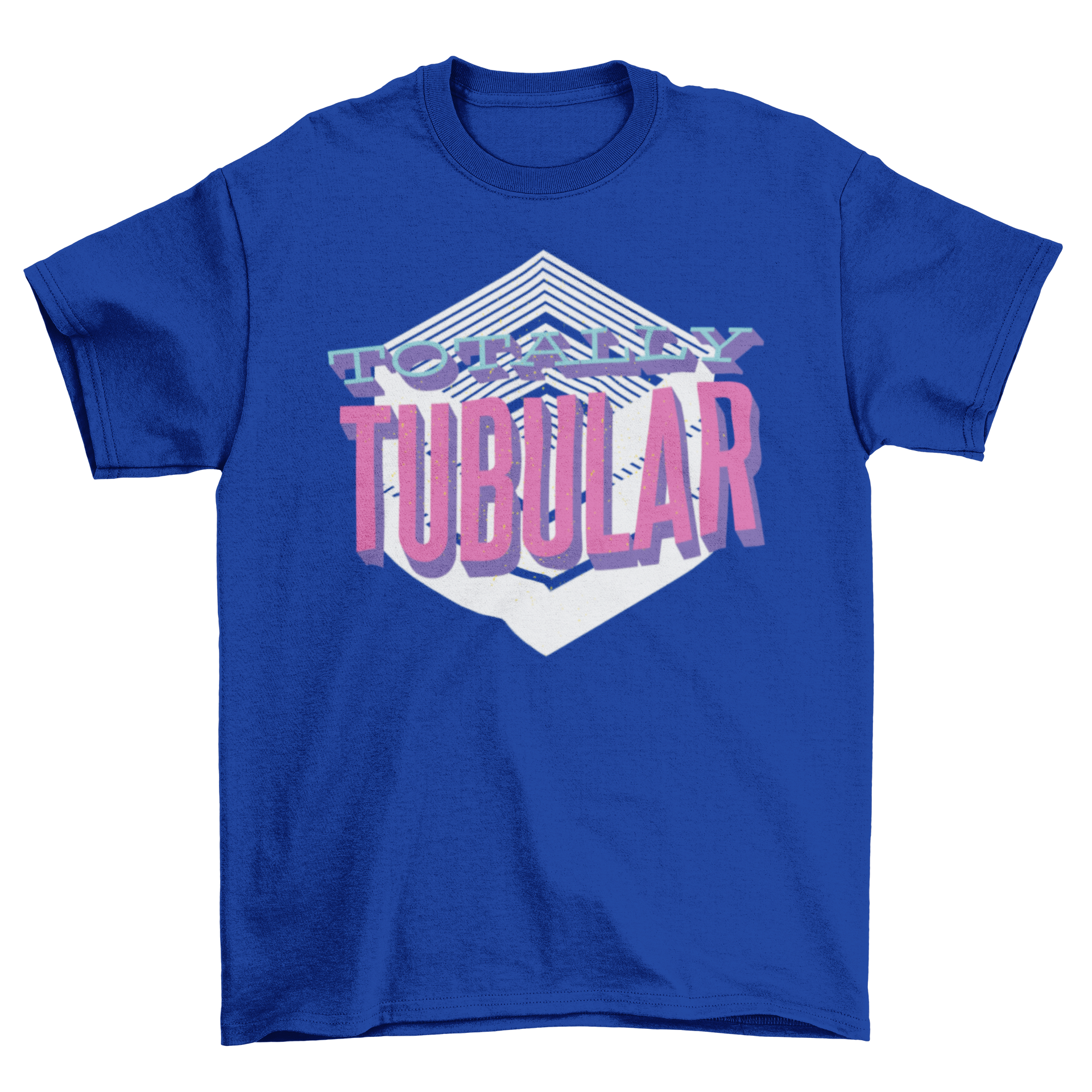 A vibrant retro t-shirt featuring the phrase 'Totally Tubular' in pink and blue lettering, showcasing a fun and nostalgic design.