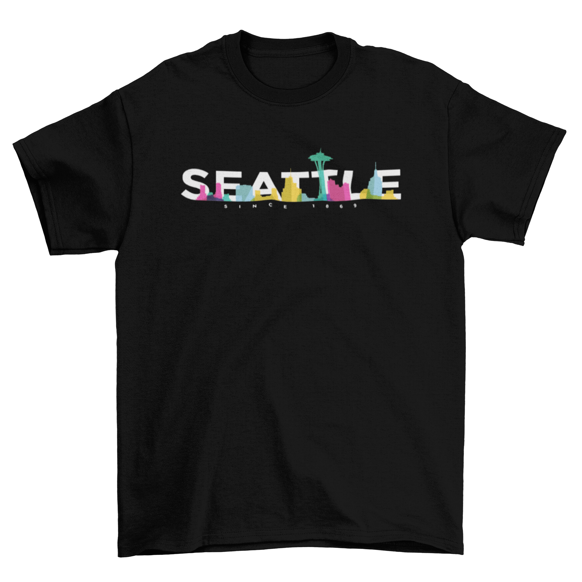 Colorful T-shirt featuring the Seattle skyline with bold 'Seattle' text, showcasing vibrant colors and iconic landmarks.