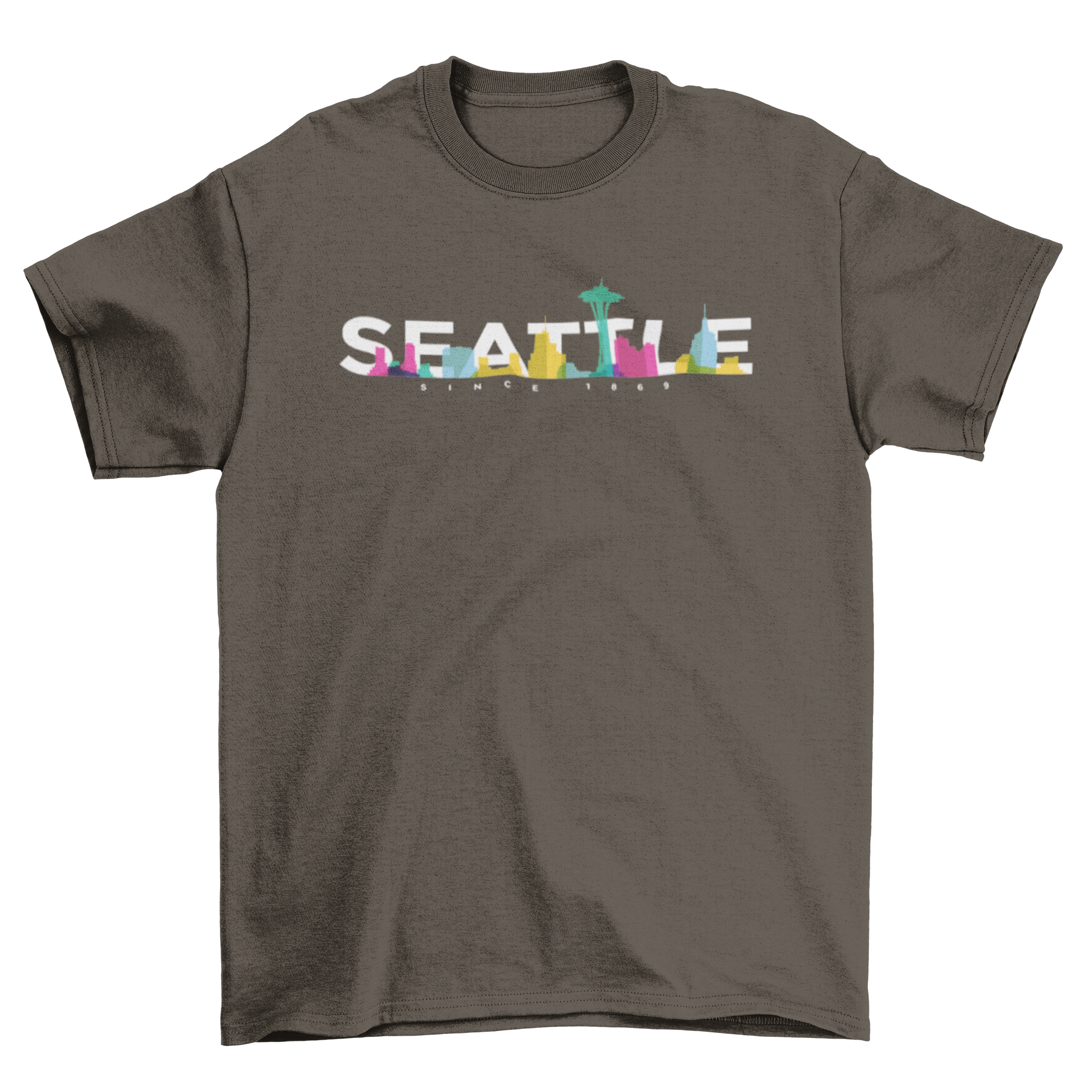 Colorful T-shirt featuring the Seattle skyline with bold 'Seattle' text, showcasing vibrant colors and iconic landmarks.