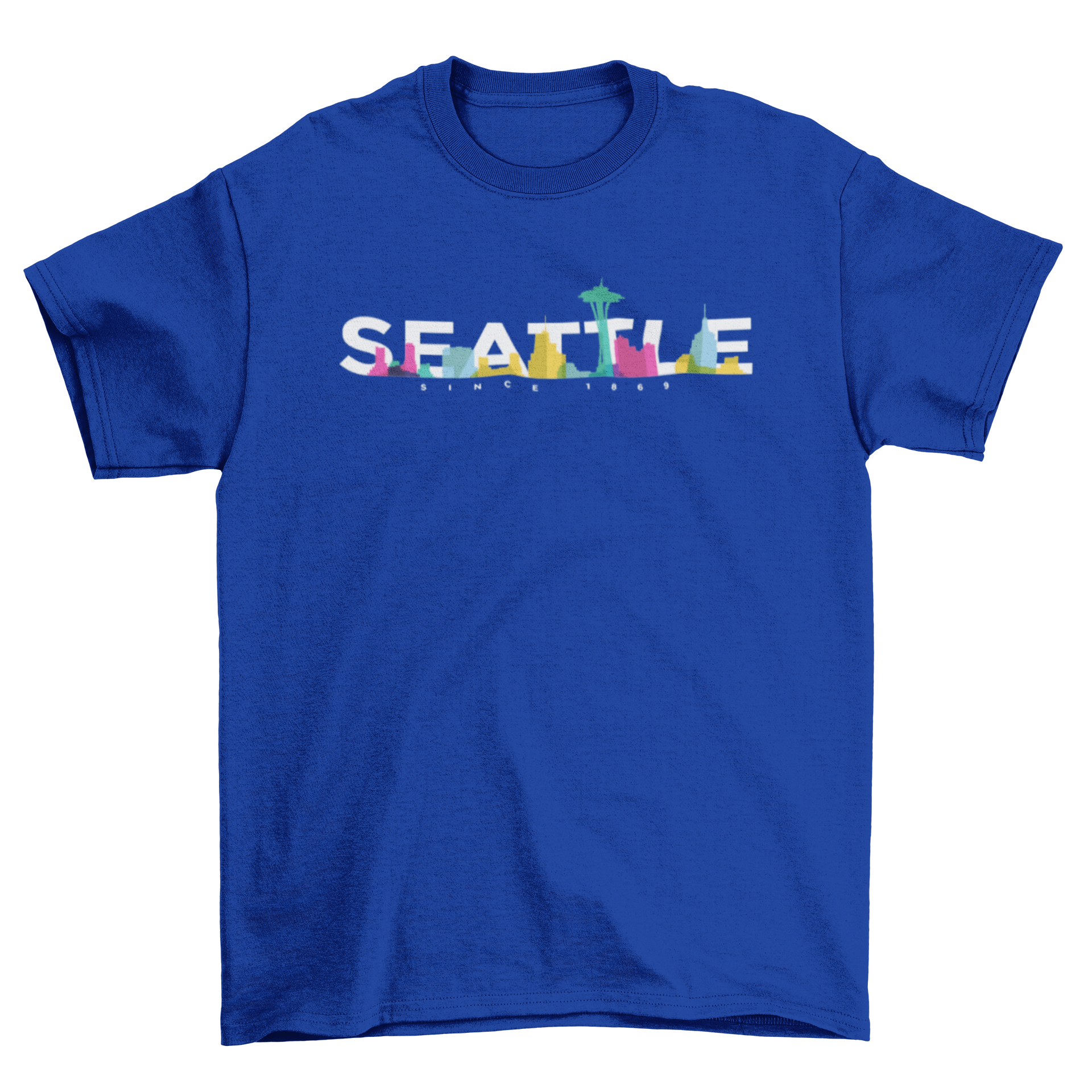 Colorful T-shirt featuring the Seattle skyline with bold 'Seattle' text, showcasing vibrant colors and iconic landmarks.