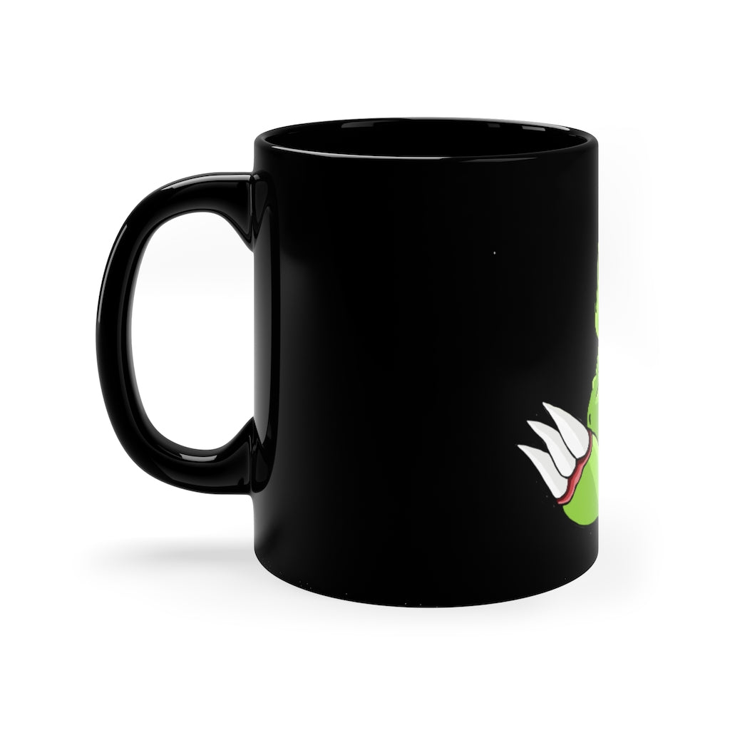 Toxcana 11oz black ceramic mug with C-handle, ideal for coffee and tea.