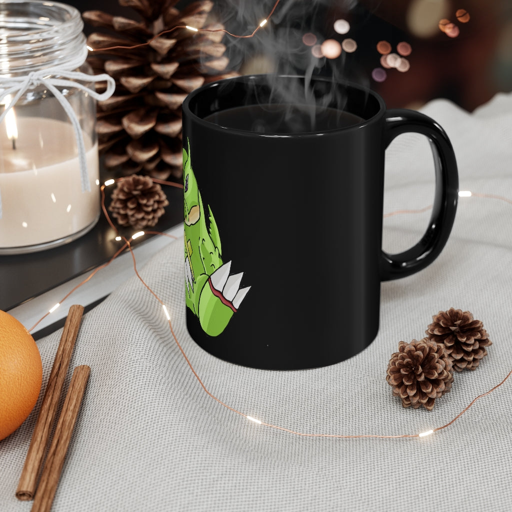 Toxcana 11oz black ceramic mug with C-handle, ideal for coffee and tea.