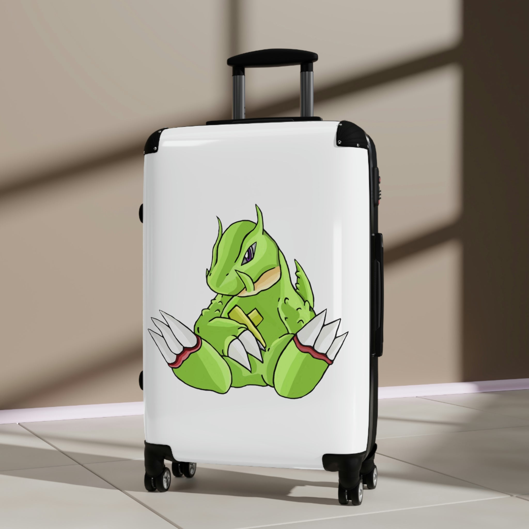 Toxcana Cabin Suitcase featuring a personalized design, lightweight polycarbonate front, and ABS back, with adjustable handle and double wheels.