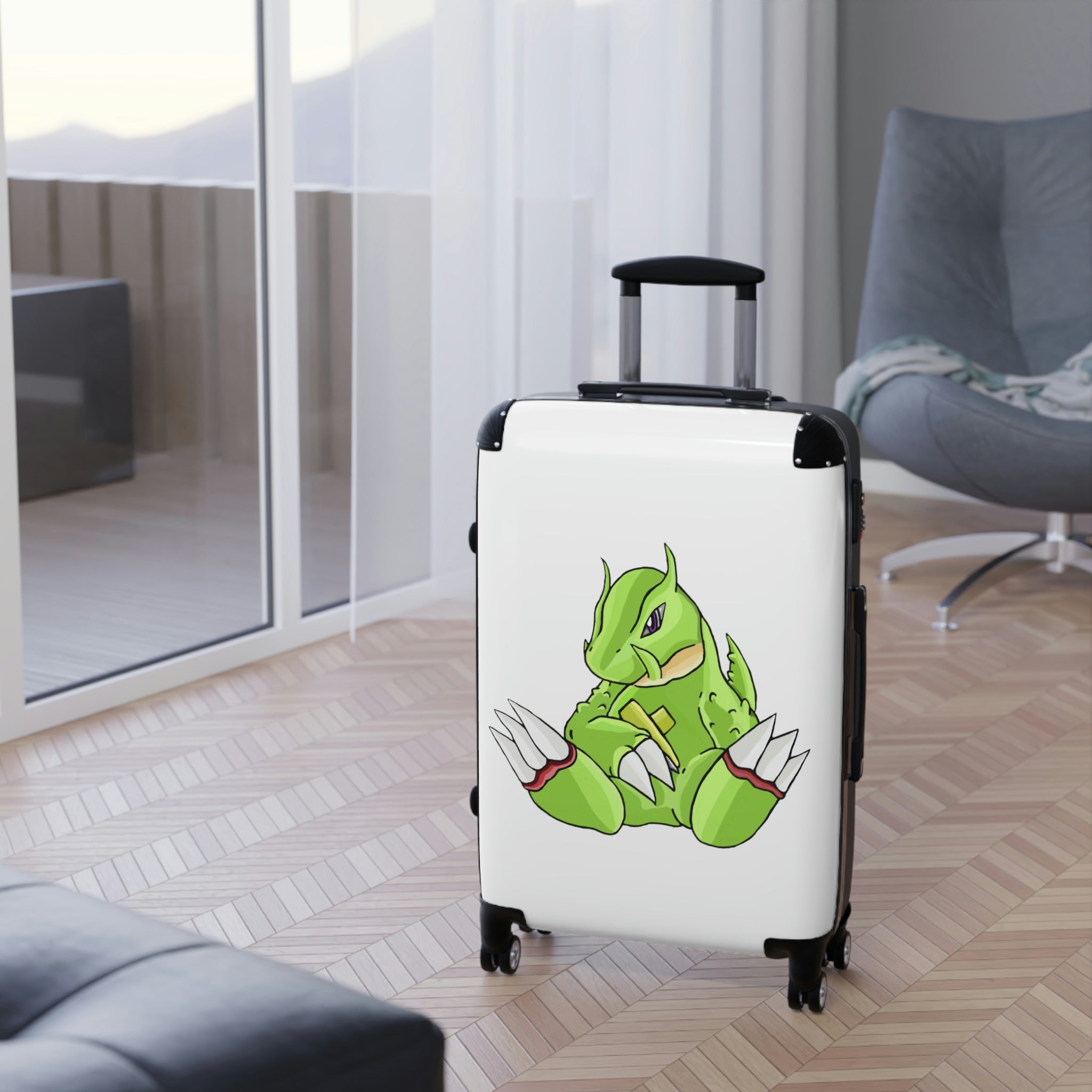 Toxcana Cabin Suitcase featuring a personalized design, lightweight polycarbonate front, and ABS back, with adjustable handle and double wheels.