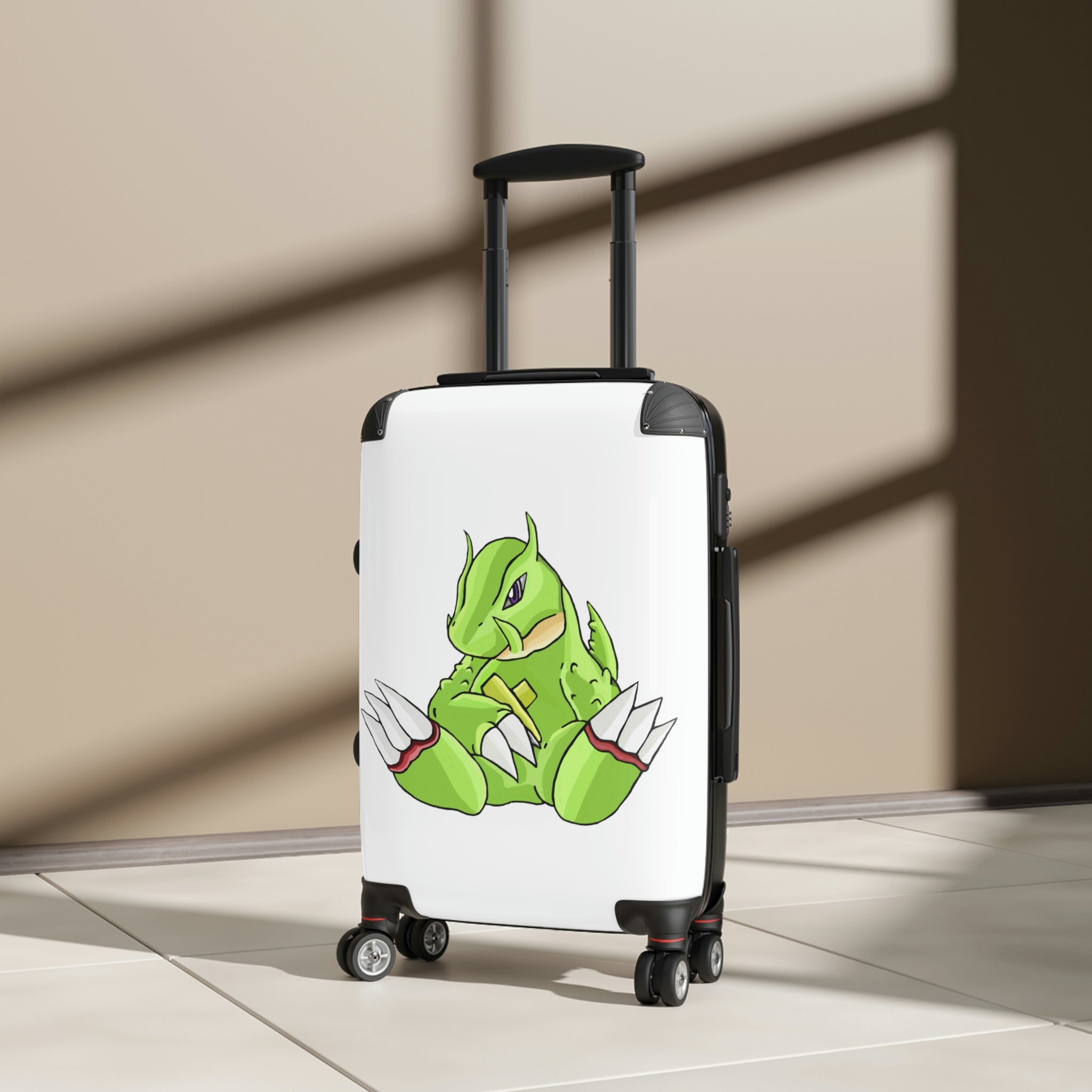 Toxcana Cabin Suitcase featuring a personalized design, lightweight polycarbonate front, and ABS back, with adjustable handle and double wheels.