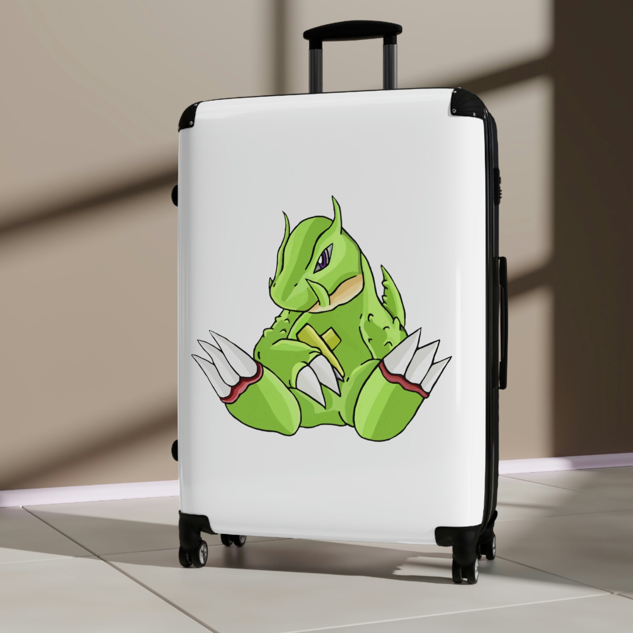 Toxcana Cabin Suitcase featuring a personalized design, lightweight polycarbonate front, and ABS back, with adjustable handle and double wheels.