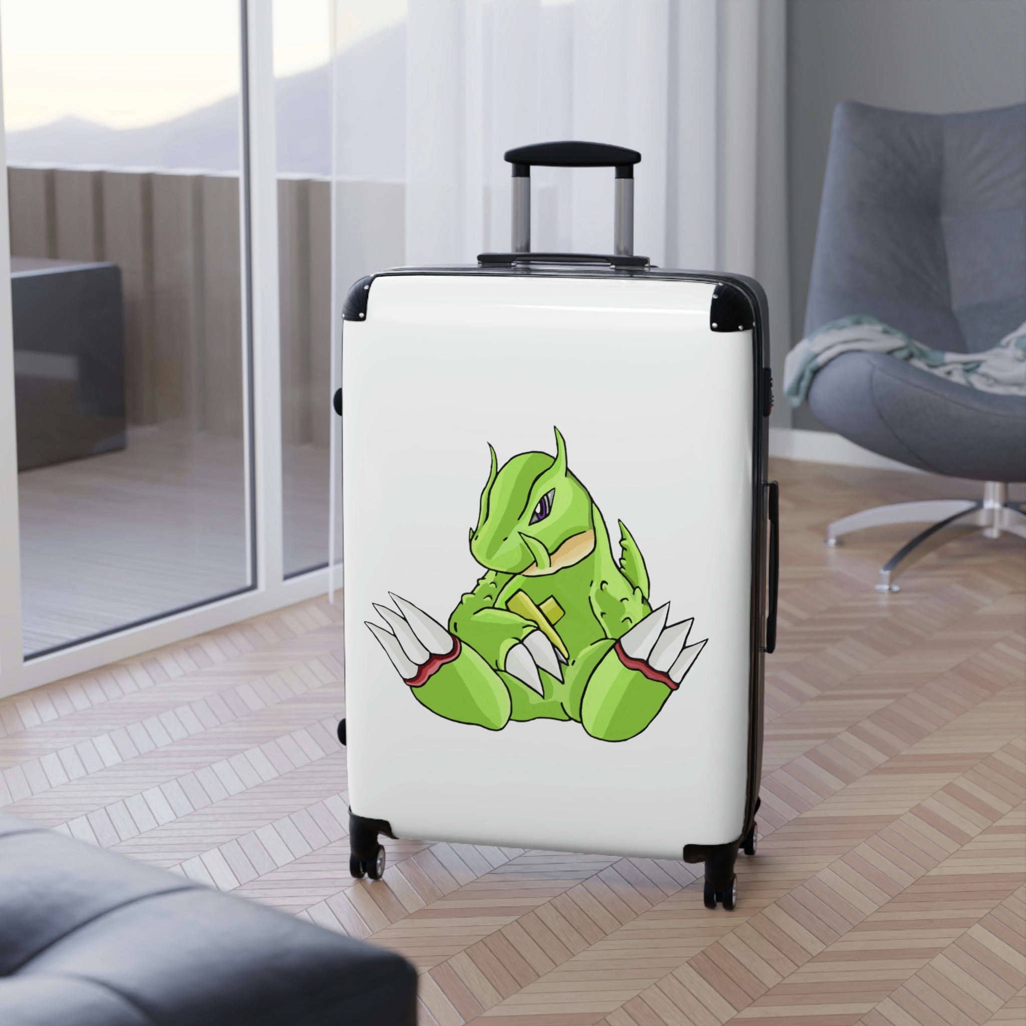 Toxcana Cabin Suitcase featuring a personalized design, lightweight polycarbonate front, and ABS back, with adjustable handle and double wheels.