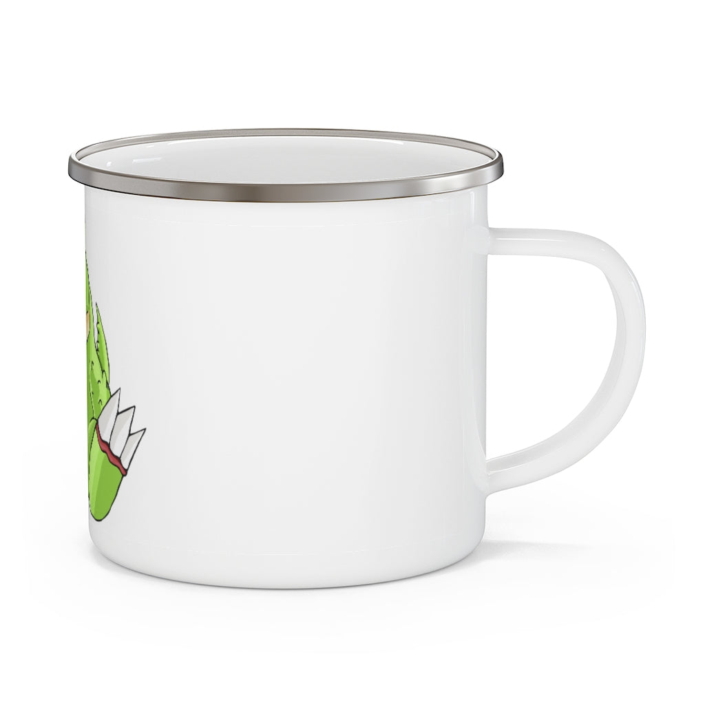 Toxcana Enamel Camping Mug with a C-handle, showcasing a personalized design and durable enamel finish, perfect for outdoor use.