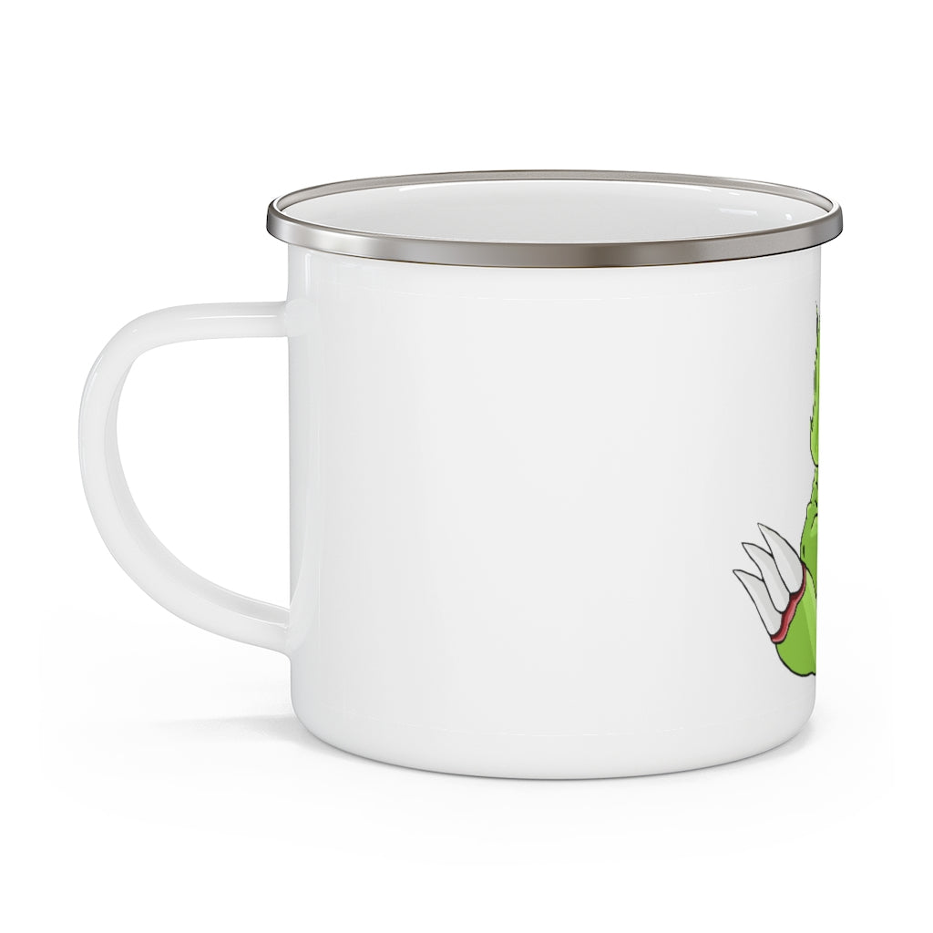 Toxcana Enamel Camping Mug with a C-handle, showcasing a personalized design and durable enamel finish, perfect for outdoor use.