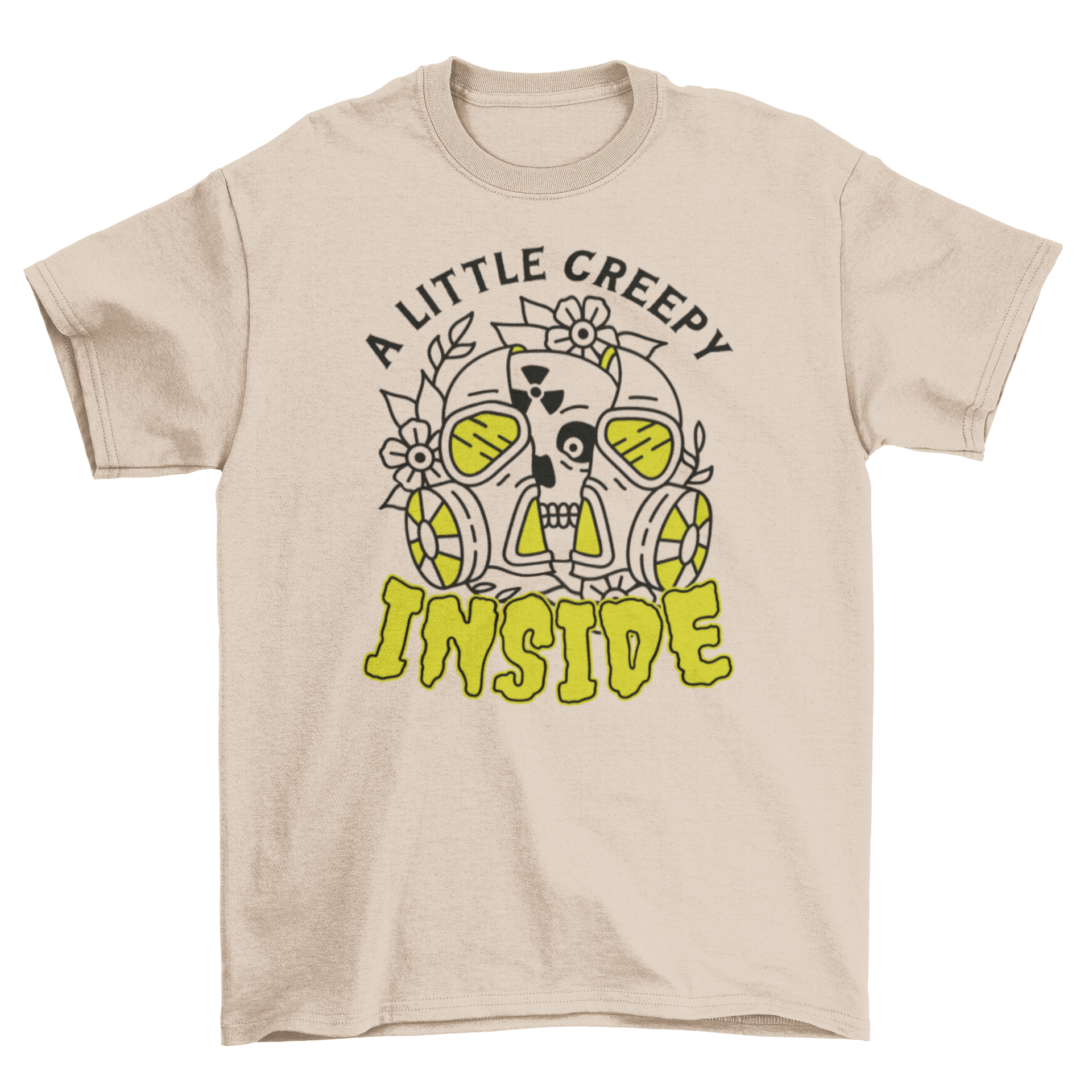 Toxic Mask Creepy Skull T-Shirt featuring a skull with a gas mask and the quote 'A little creepy inside'.