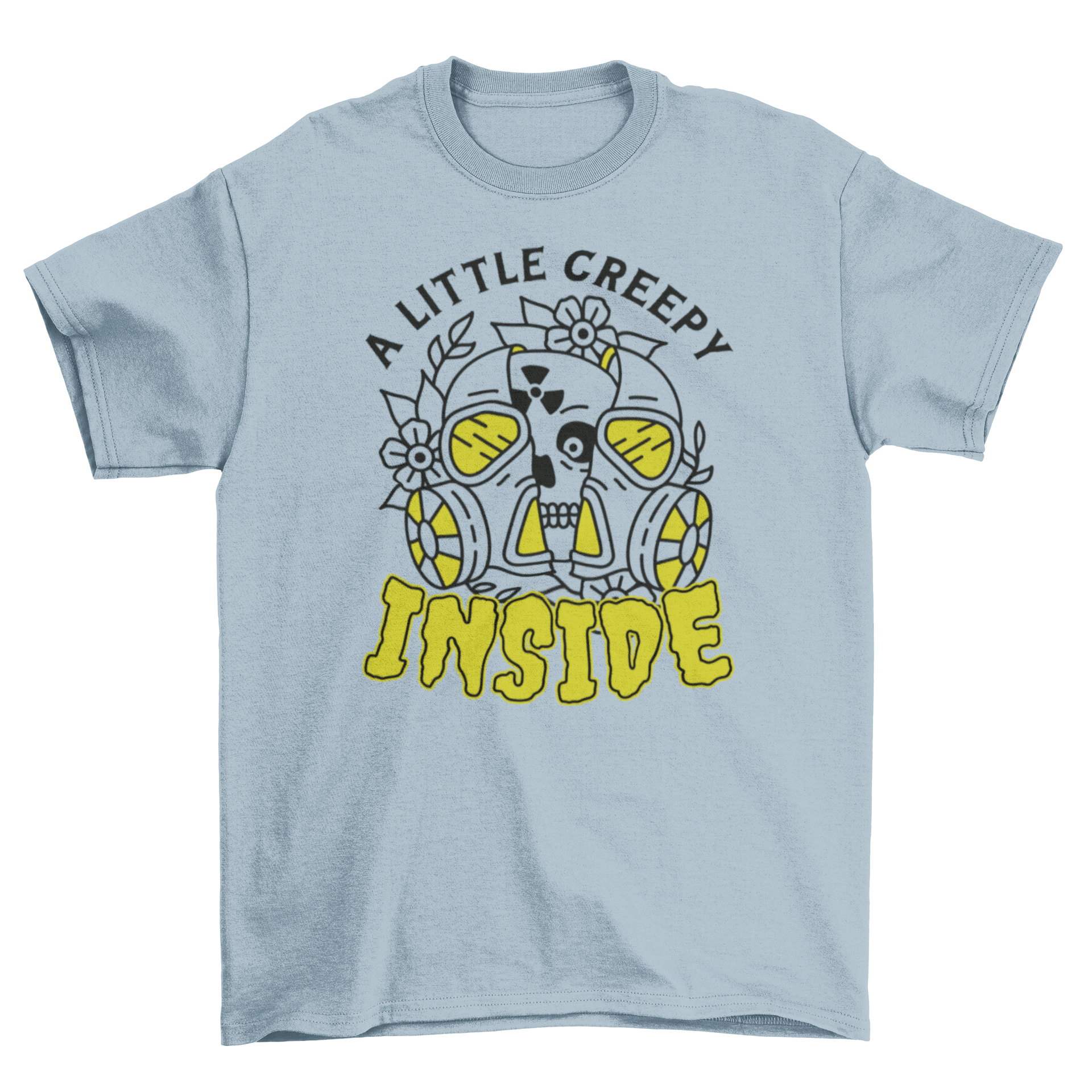 Toxic Mask Creepy Skull T-Shirt featuring a skull with a gas mask and the quote 'A little creepy inside'.