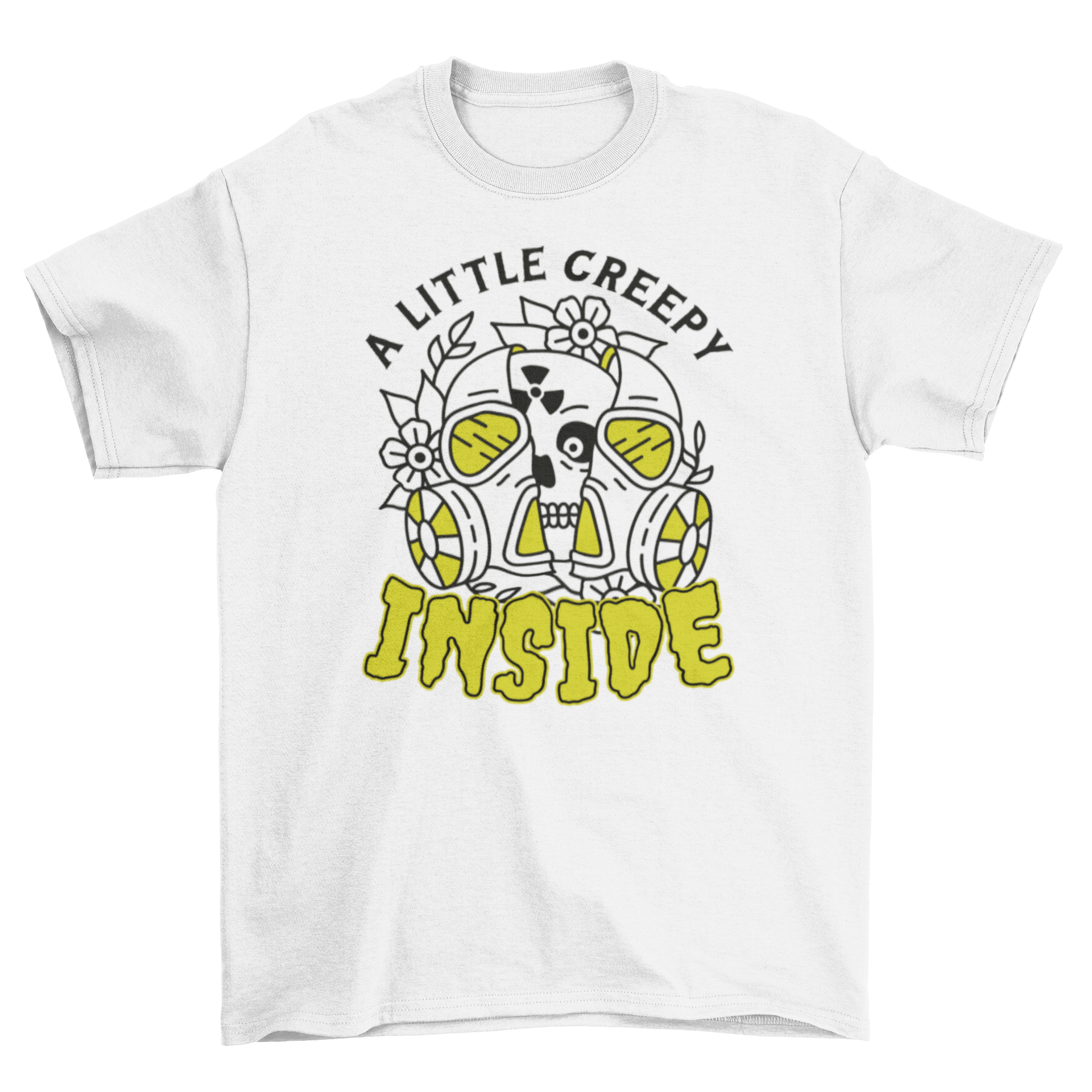 Toxic Mask Creepy Skull T-Shirt featuring a skull with a gas mask and the quote 'A little creepy inside'.