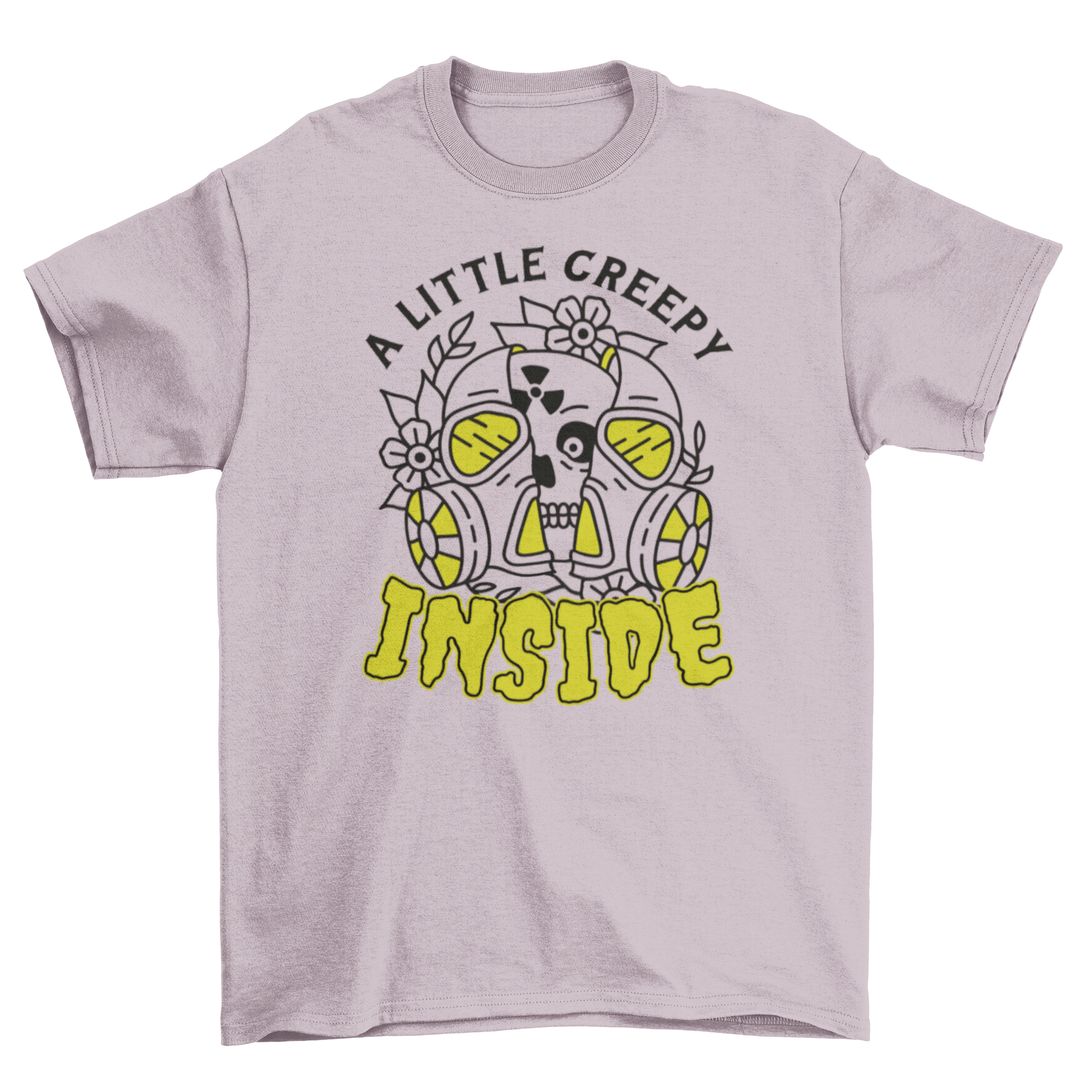 Toxic Mask Creepy Skull T-Shirt featuring a skull with a gas mask and the quote 'A little creepy inside'.