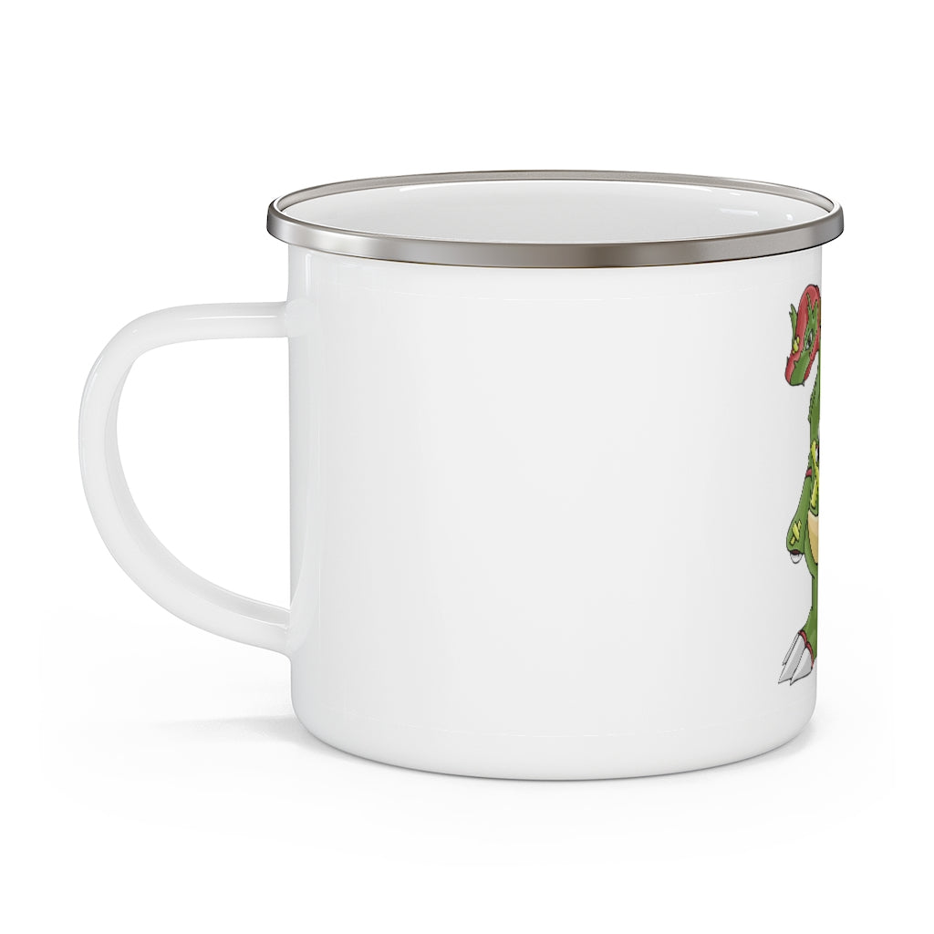 Toxicaan Enamel Camping Mug with a C-handle, featuring a stylish design and customizable full-color printing.