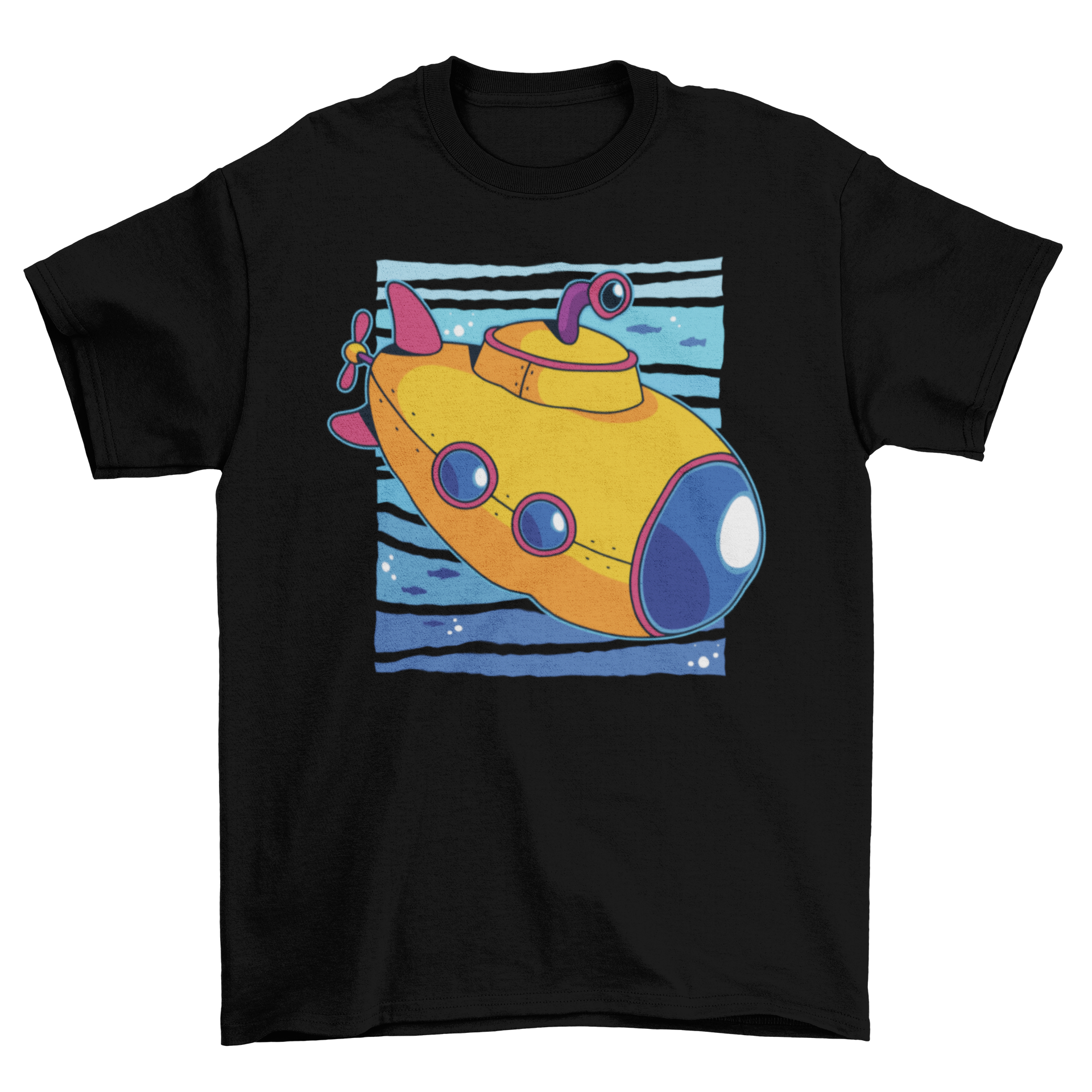 A cute cartoon t-shirt featuring a colorful toy submarine design, perfect for kids who love the ocean.