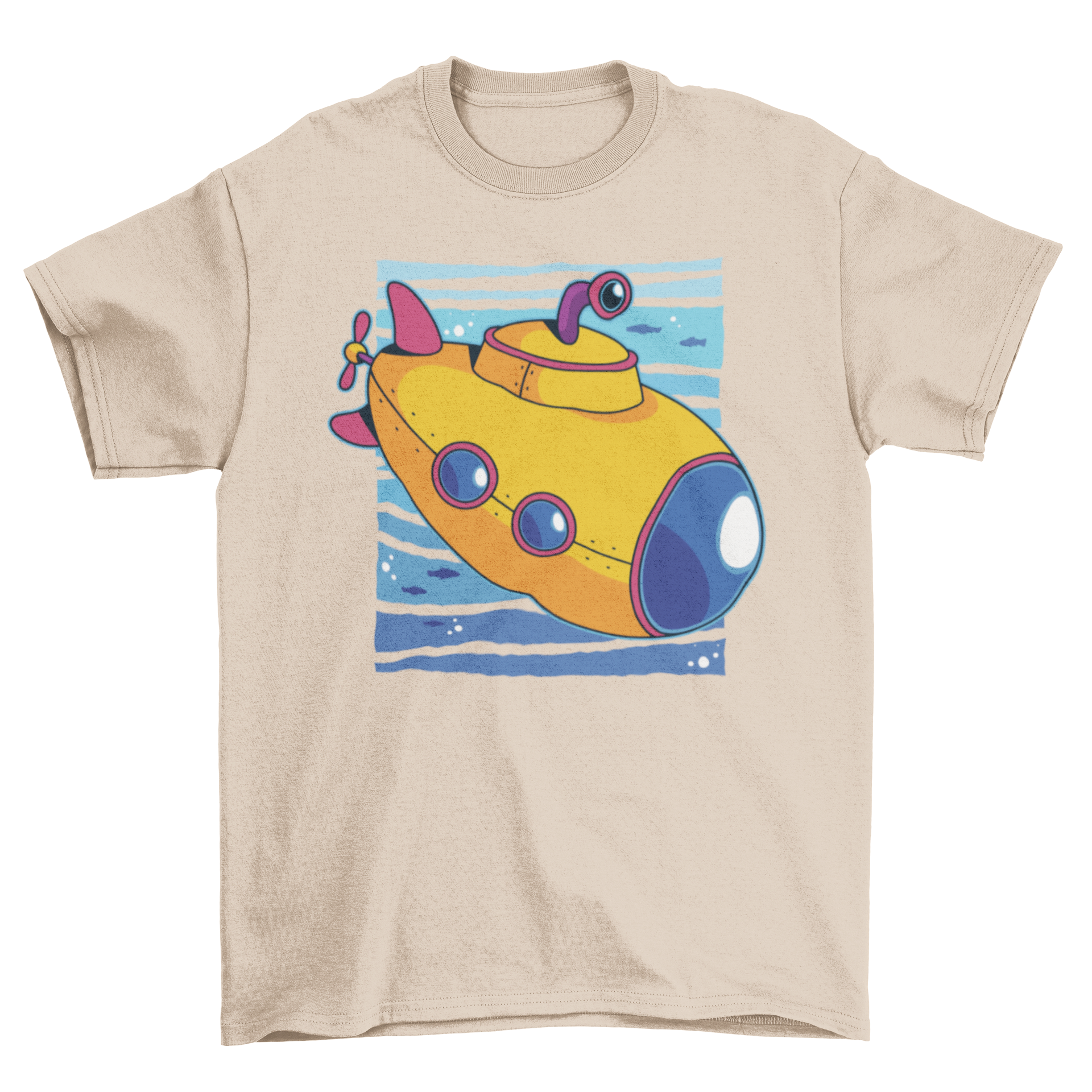 A cute cartoon t-shirt featuring a colorful toy submarine design, perfect for kids who love the ocean.