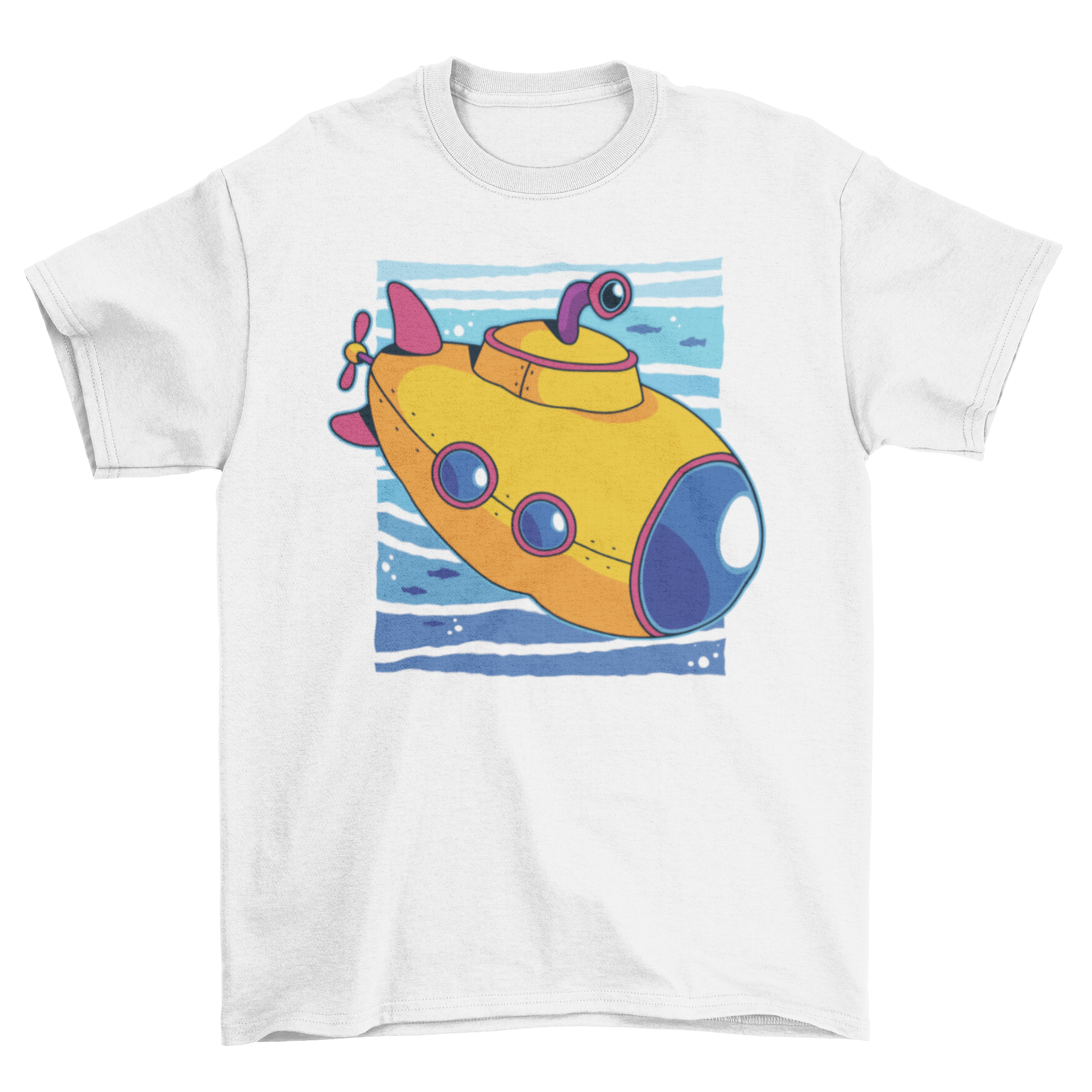 A cute cartoon t-shirt featuring a colorful toy submarine design, perfect for kids who love the ocean.