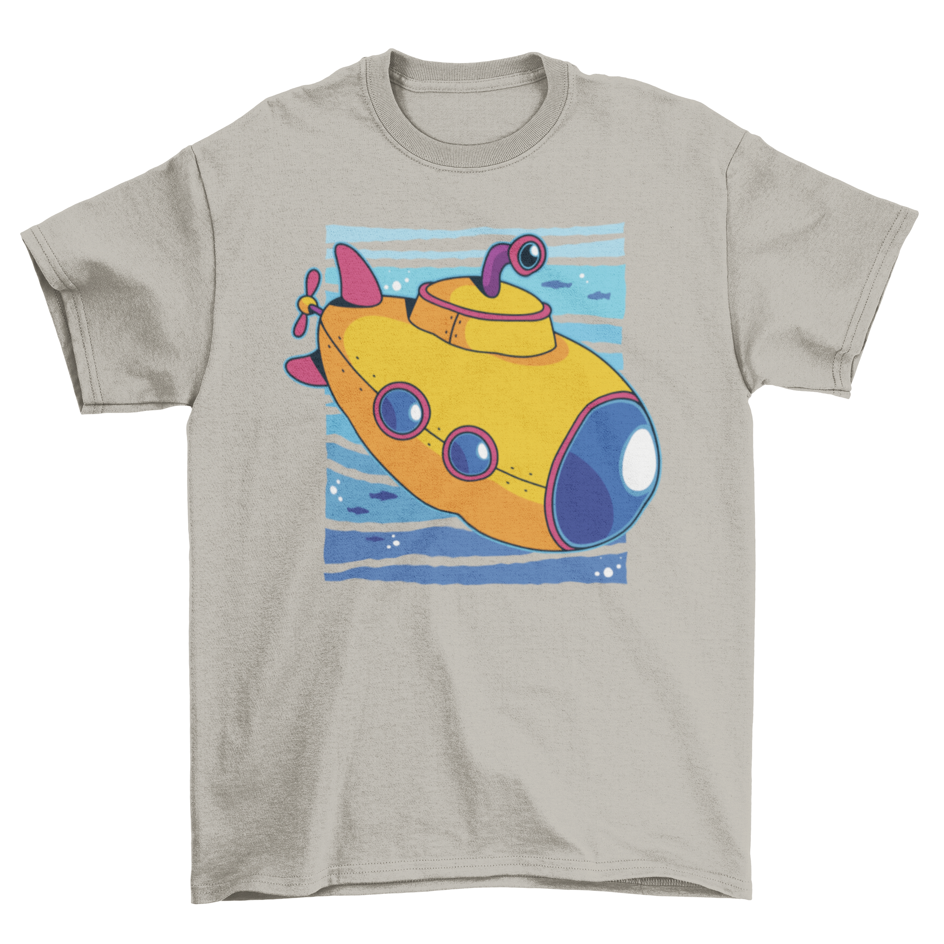 A cute cartoon t-shirt featuring a colorful toy submarine design, perfect for kids who love the ocean.