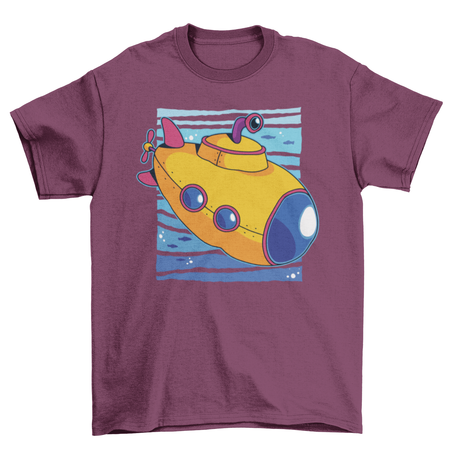 A cute cartoon t-shirt featuring a colorful toy submarine design, perfect for kids who love the ocean.