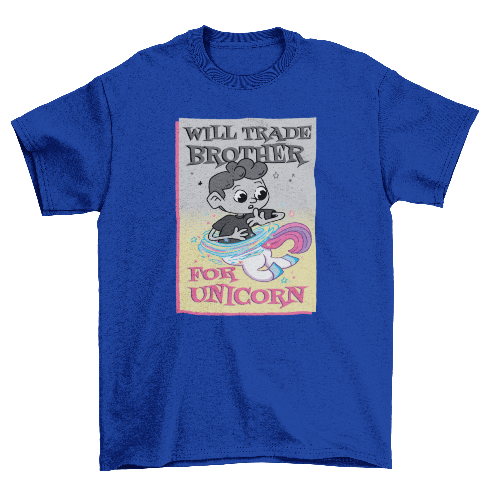 Trade Brother T-Shirt featuring a boy turning into a unicorn with the quote 'Will trade sister for unicorn'.