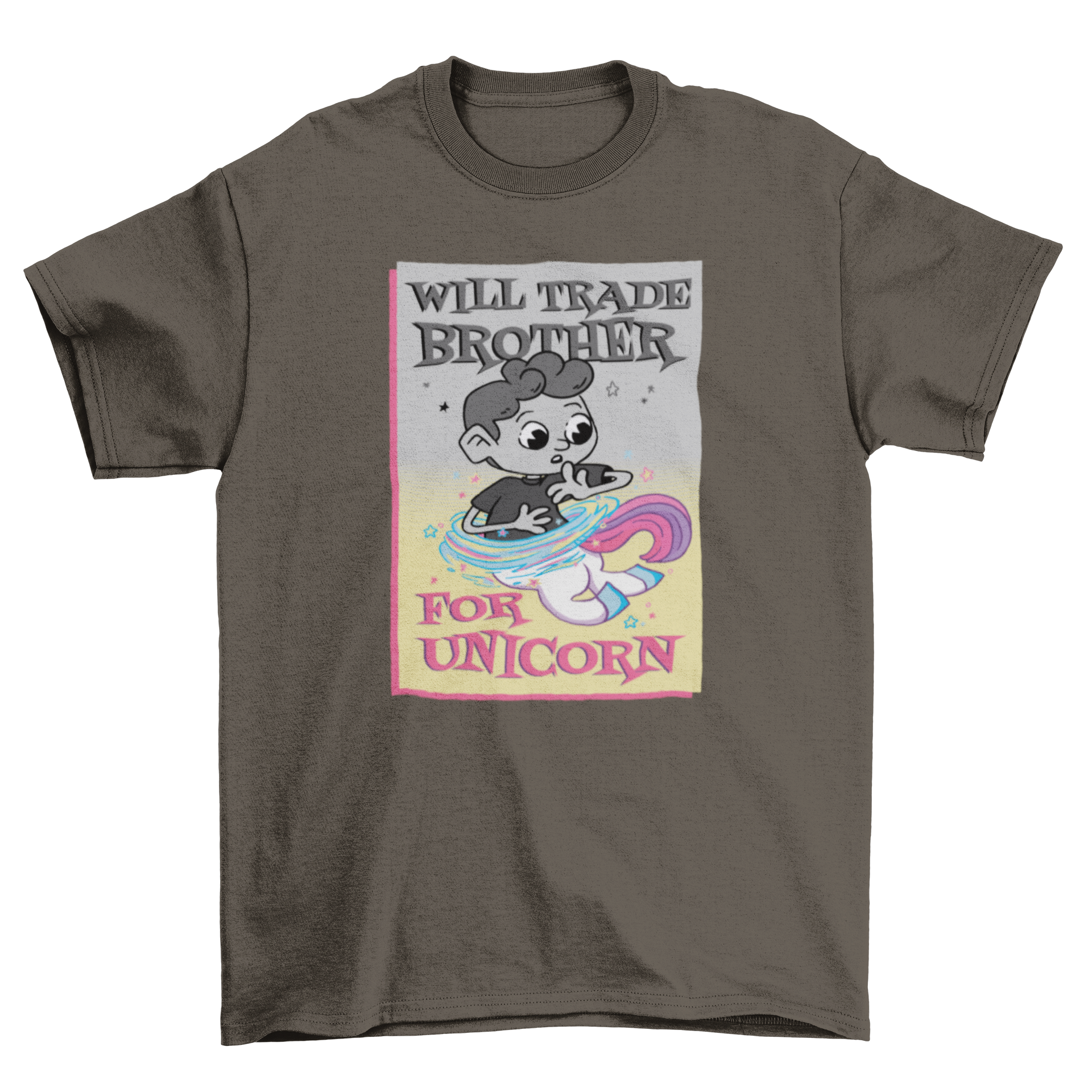 Trade Brother T-Shirt featuring a boy turning into a unicorn with the quote 'Will trade sister for unicorn'.