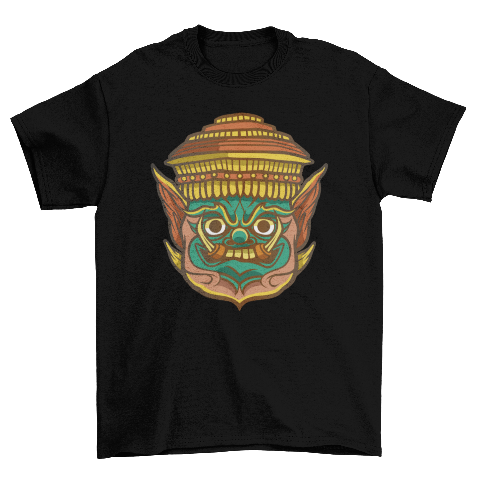 A stylish t-shirt featuring a vibrant traditional Thai mask design, showcasing cultural artistry.