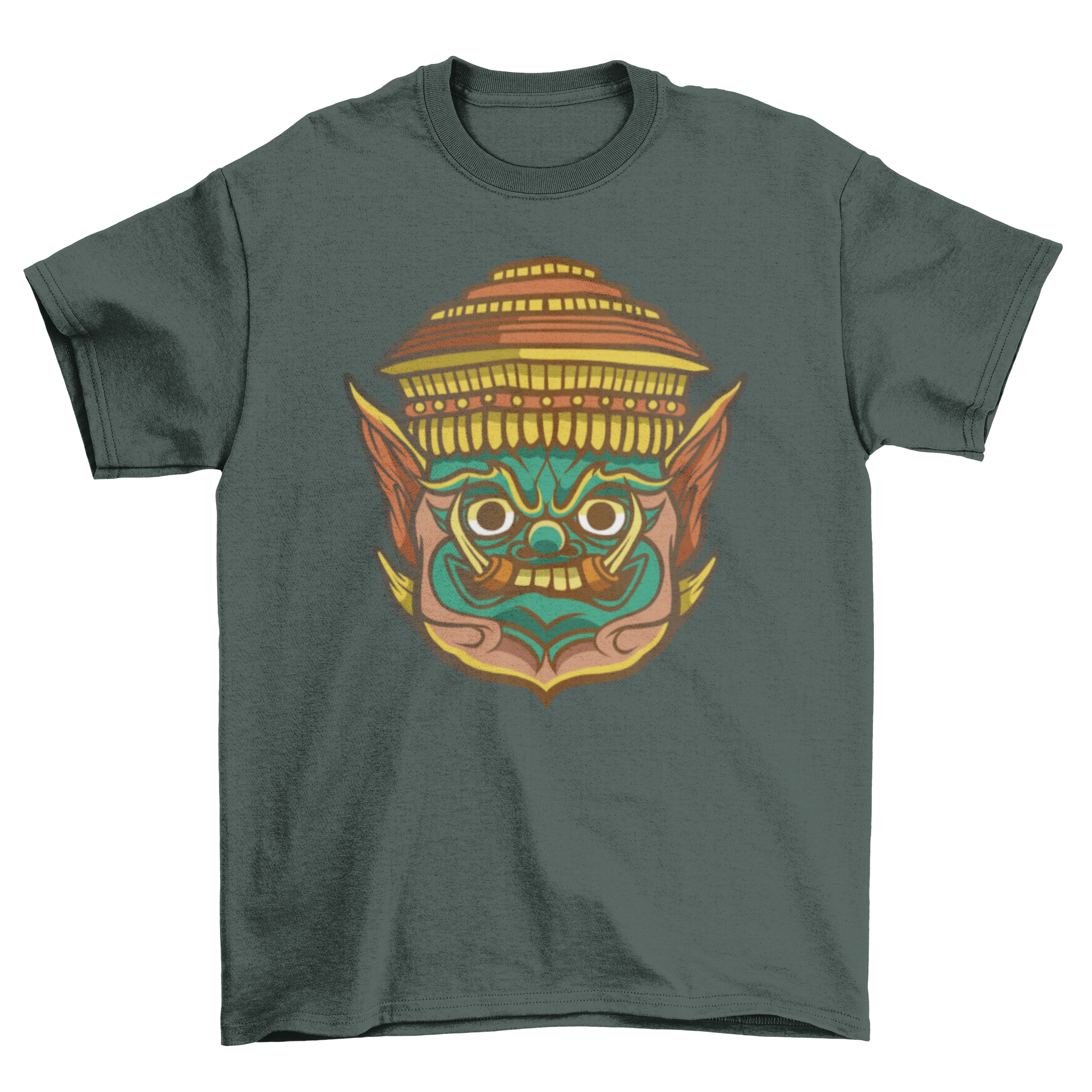 A stylish t-shirt featuring a vibrant traditional Thai mask design, showcasing cultural artistry.