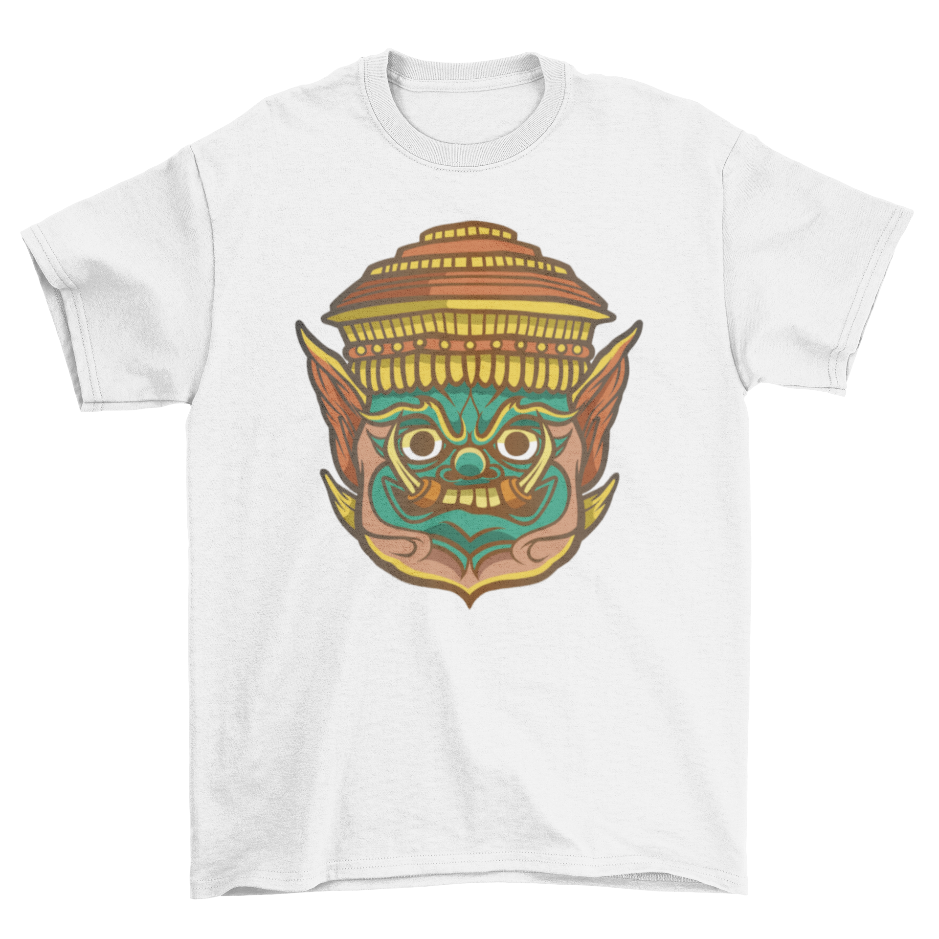 A stylish t-shirt featuring a vibrant traditional Thai mask design, showcasing cultural artistry.