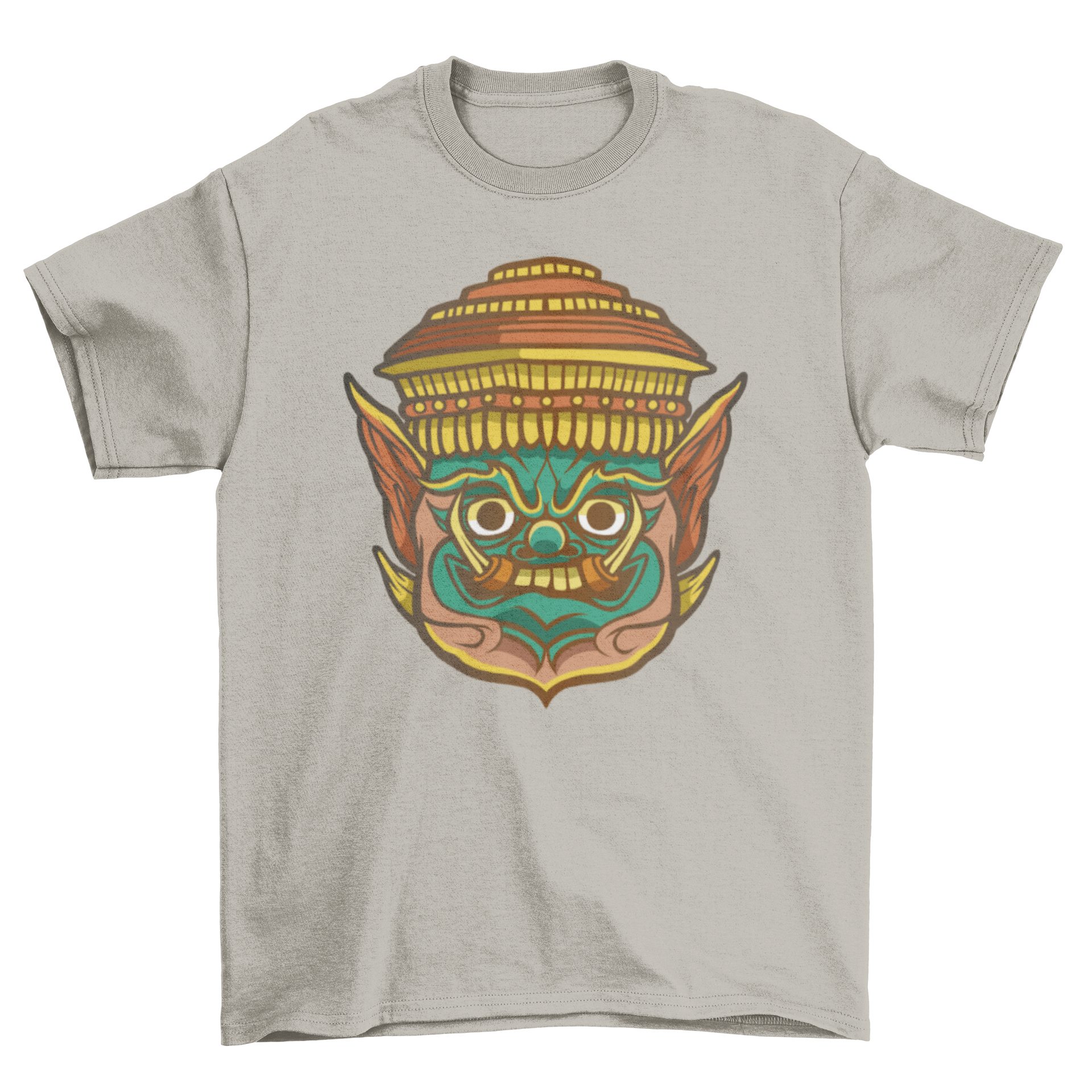 A stylish t-shirt featuring a vibrant traditional Thai mask design, showcasing cultural artistry.