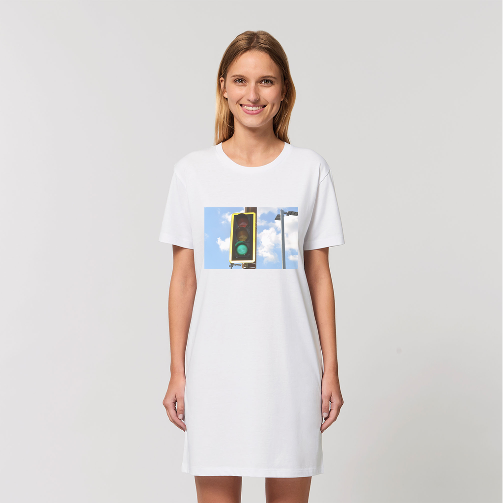 Traffic Light Organic T-Shirt Dress made from 100% organic cotton, featuring a soft-hand feel and stylish design.